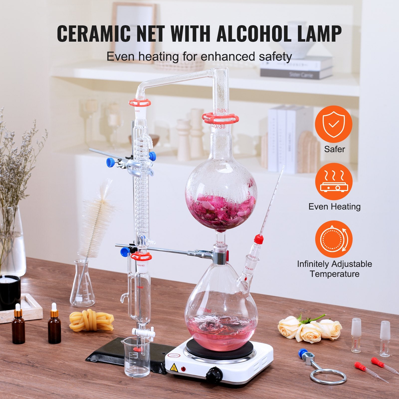 Distilling & Brewing: VEVOR Essential Oil Distillation Kit, 2000ml Distillation Apparatus, 3.3 Boro Lab Glassware Distillation Kit with 1000W Heating Plate and 24, 40 Joint, 28 pcs Set