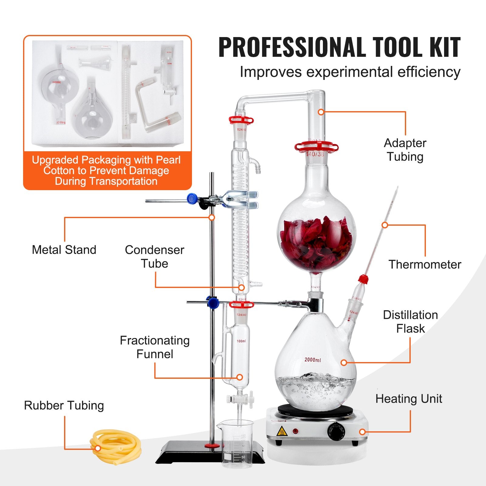 Distilling & Brewing: VEVOR Essential Oil Distillation Kit, 2000ml Distillation Apparatus, 3.3 Boro Lab Glassware Distillation Kit with 1000W Heating Plate and 24, 40 Joint, 28 pcs Set
