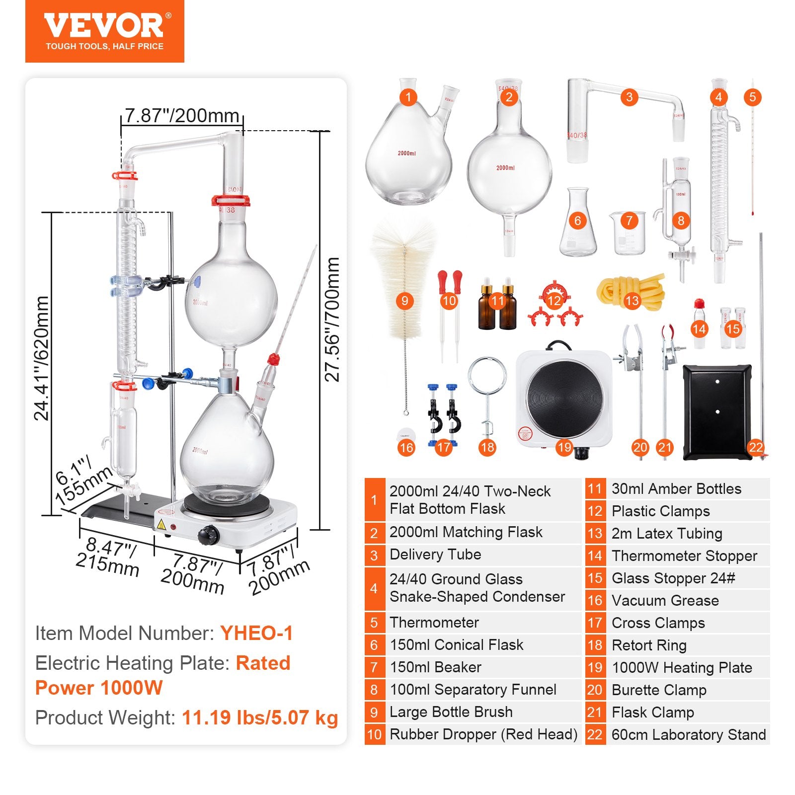 Distilling & Brewing: VEVOR Essential Oil Distillation Kit, 2000ml Distillation Apparatus, 3.3 Boro Lab Glassware Distillation Kit with 1000W Heating Plate and 24, 40 Joint, 28 pcs Set