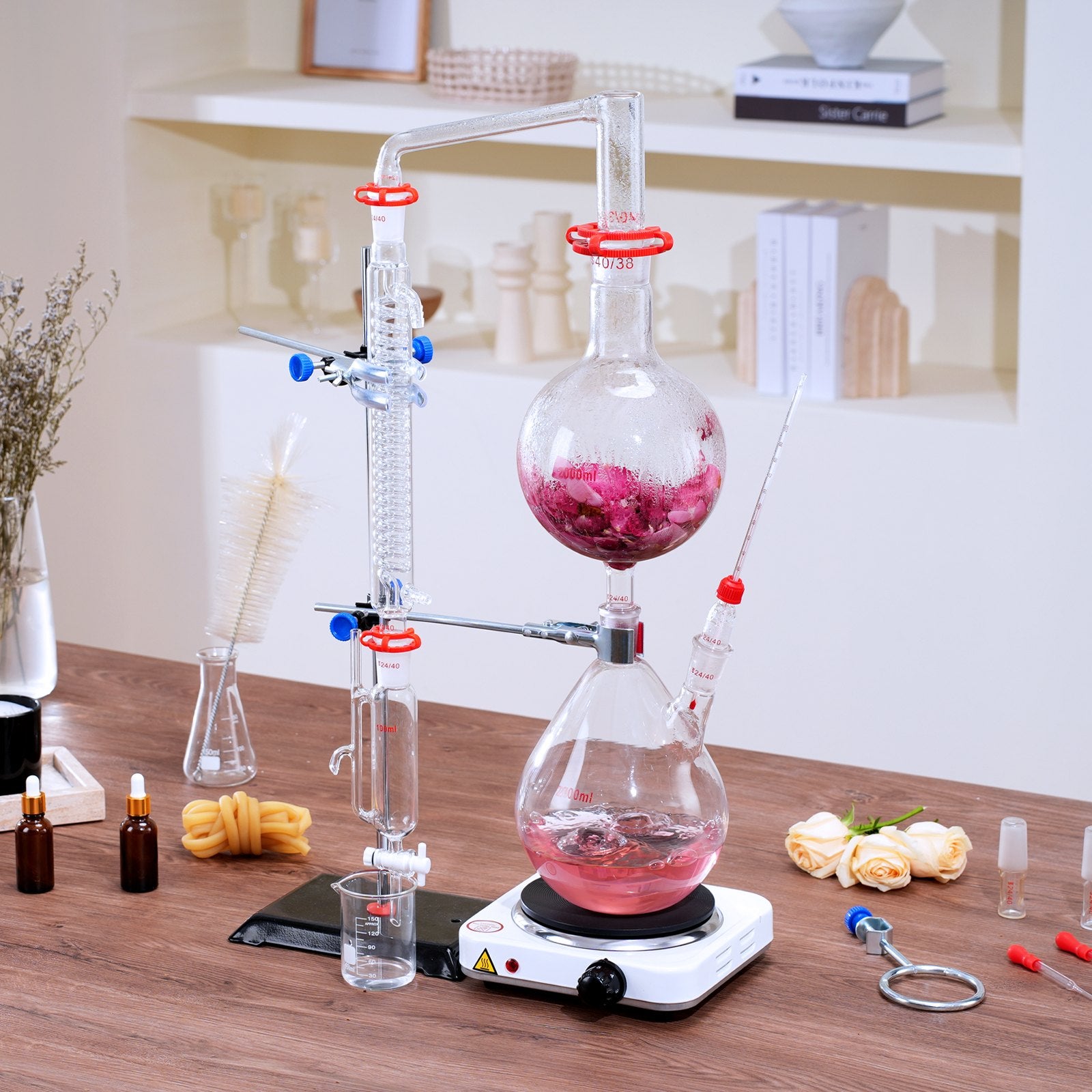 Distilling & Brewing: VEVOR Essential Oil Distillation Kit, 2000ml Distillation Apparatus, 3.3 Boro Lab Glassware Distillation Kit with 1000W Heating Plate and 24, 40 Joint, 28 pcs Set