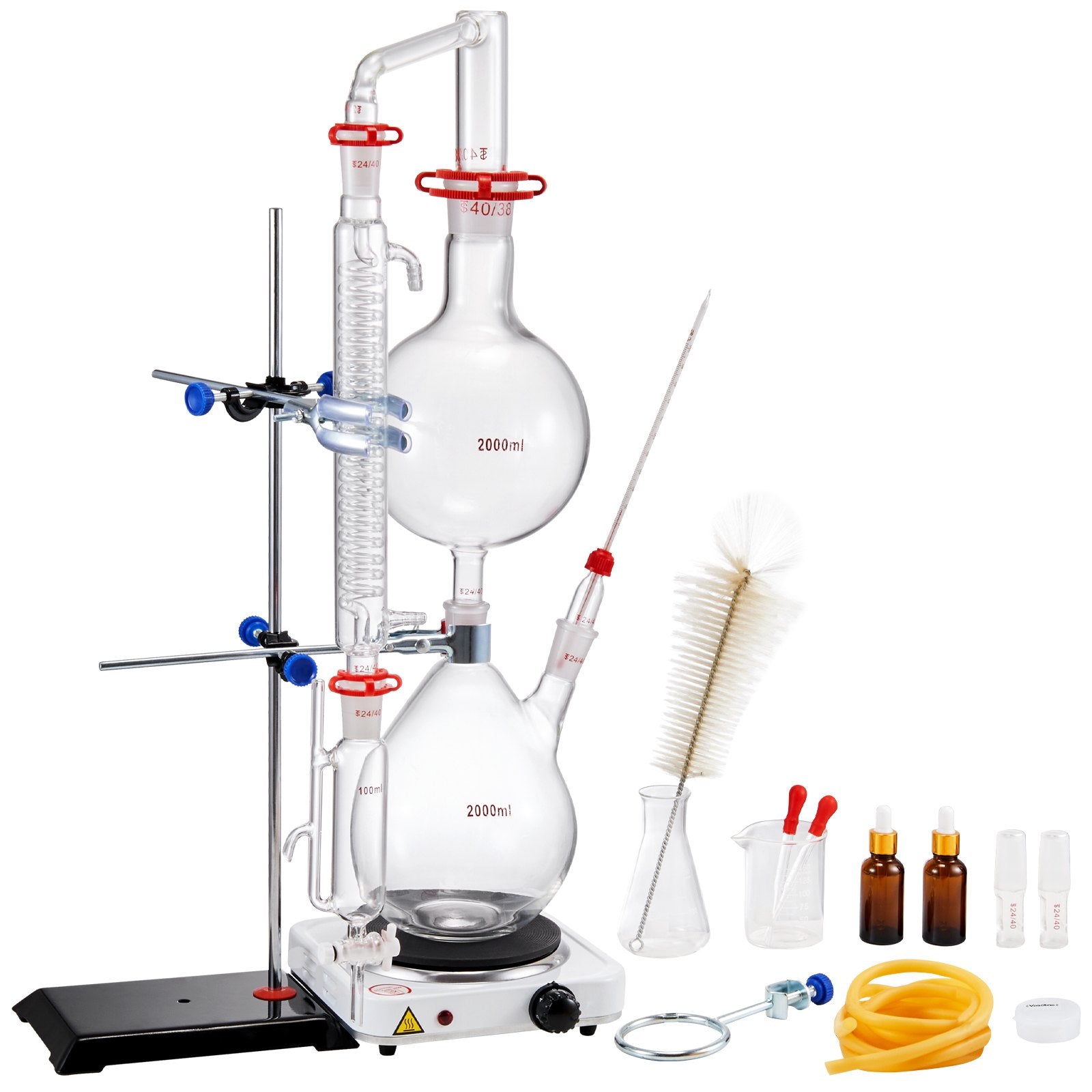 Distilling & Brewing: VEVOR Essential Oil Distillation Kit, 2000ml Distillation Apparatus, 3.3 Boro Lab Glassware Distillation Kit with 1000W Heating Plate and 24, 40 Joint, 28 pcs Set