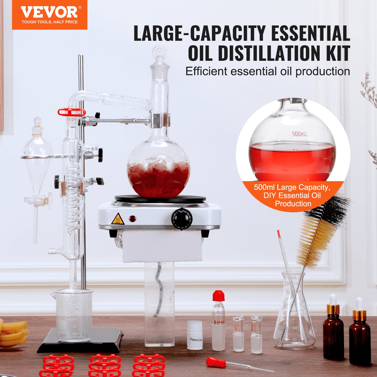 Distilling & Brewing: VEVOR Essential Oil Distillation Kit, 500ml Distillation Apparatus, 3.3 Boro Lab Glassware Distillation Kit with 1000W Heating Plate and 24, 40 Joint, 33 pcs Set