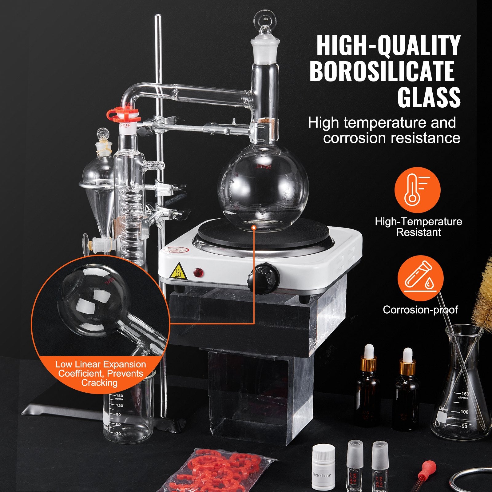 Distilling & Brewing: VEVOR Essential Oil Distillation Kit, 500ml Distillation Apparatus, 3.3 Boro Lab Glassware Distillation Kit with 1000W Heating Plate and 24, 40 Joint, 33 pcs Set