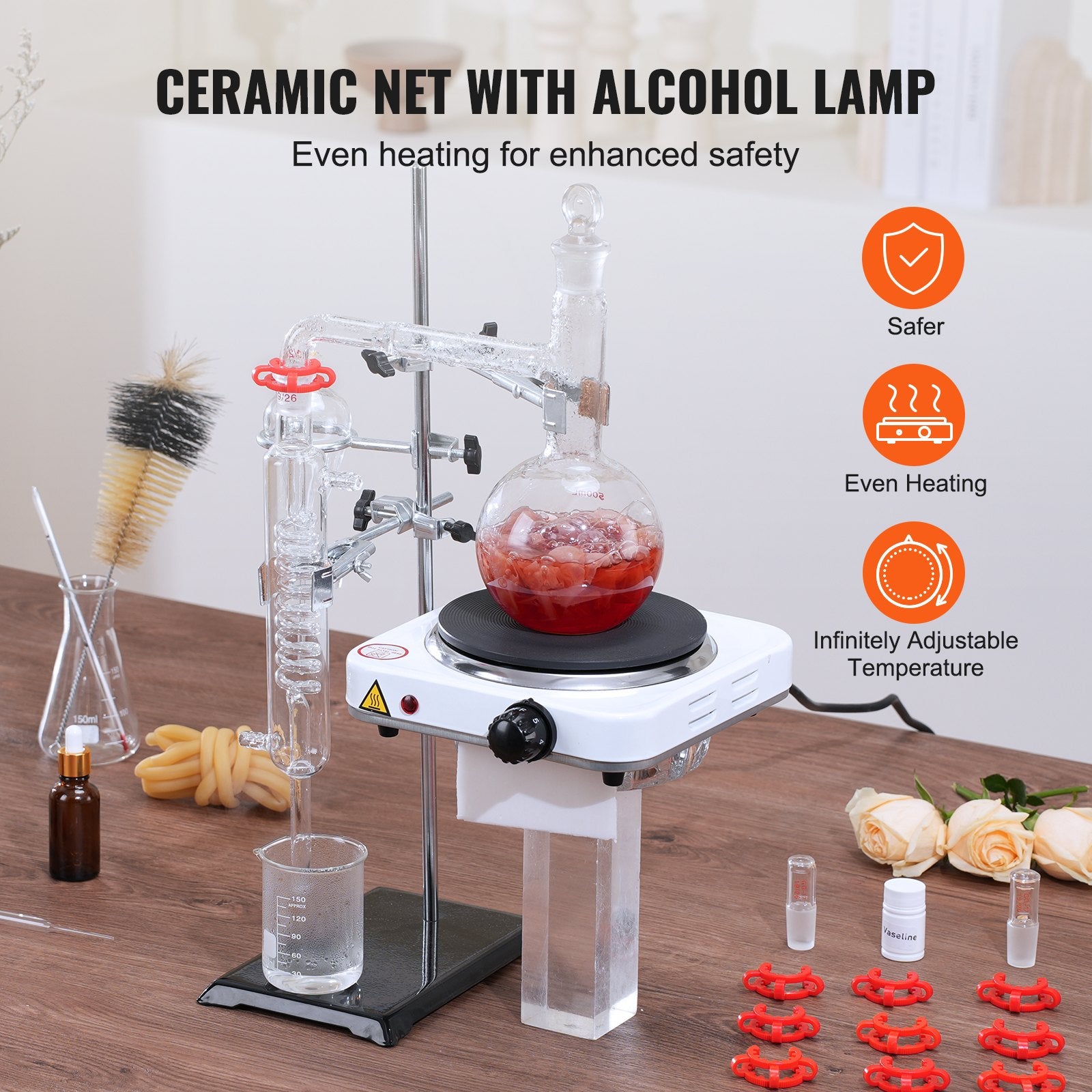 Distilling & Brewing: VEVOR Essential Oil Distillation Kit, 500ml Distillation Apparatus, 3.3 Boro Lab Glassware Distillation Kit with 1000W Heating Plate and 24, 40 Joint, 33 pcs Set