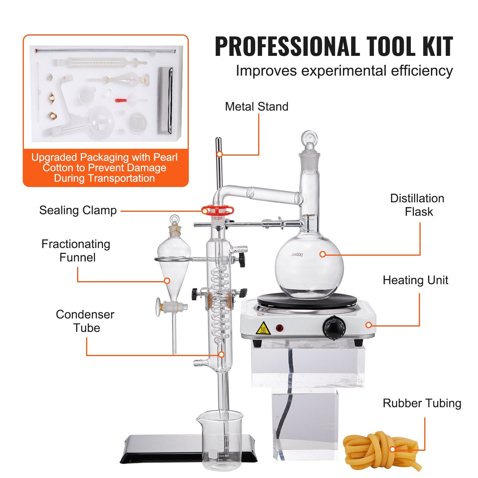 Distilling & Brewing: VEVOR Essential Oil Distillation Kit, 500ml Distillation Apparatus, 3.3 Boro Lab Glassware Distillation Kit with 1000W Heating Plate and 24, 40 Joint, 33 pcs Set