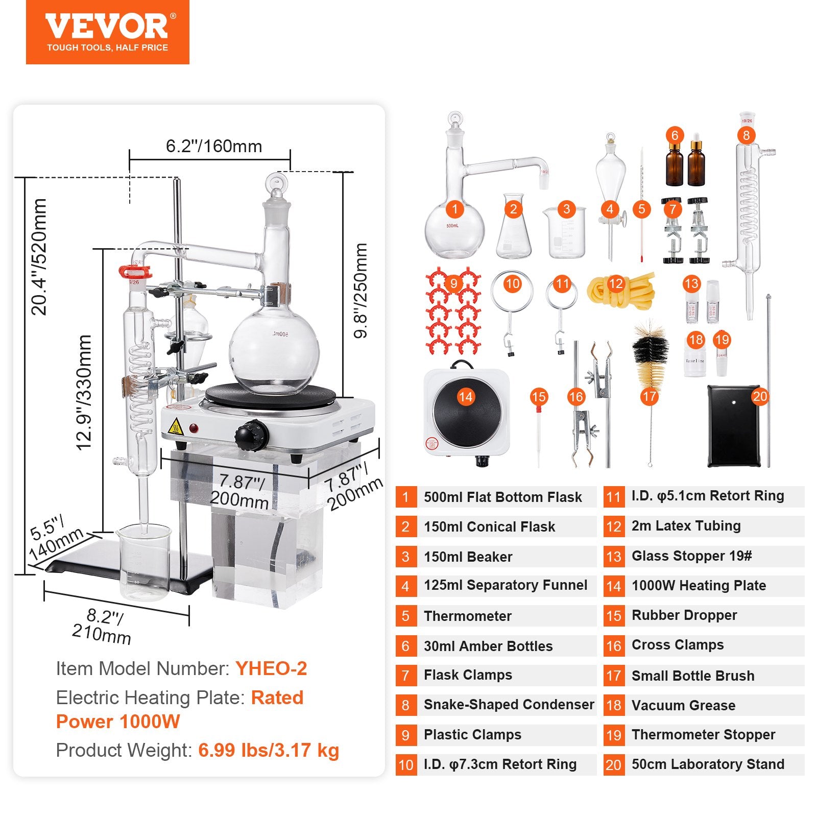 Distilling & Brewing: VEVOR Essential Oil Distillation Kit, 500ml Distillation Apparatus, 3.3 Boro Lab Glassware Distillation Kit with 1000W Heating Plate and 24, 40 Joint, 33 pcs Set