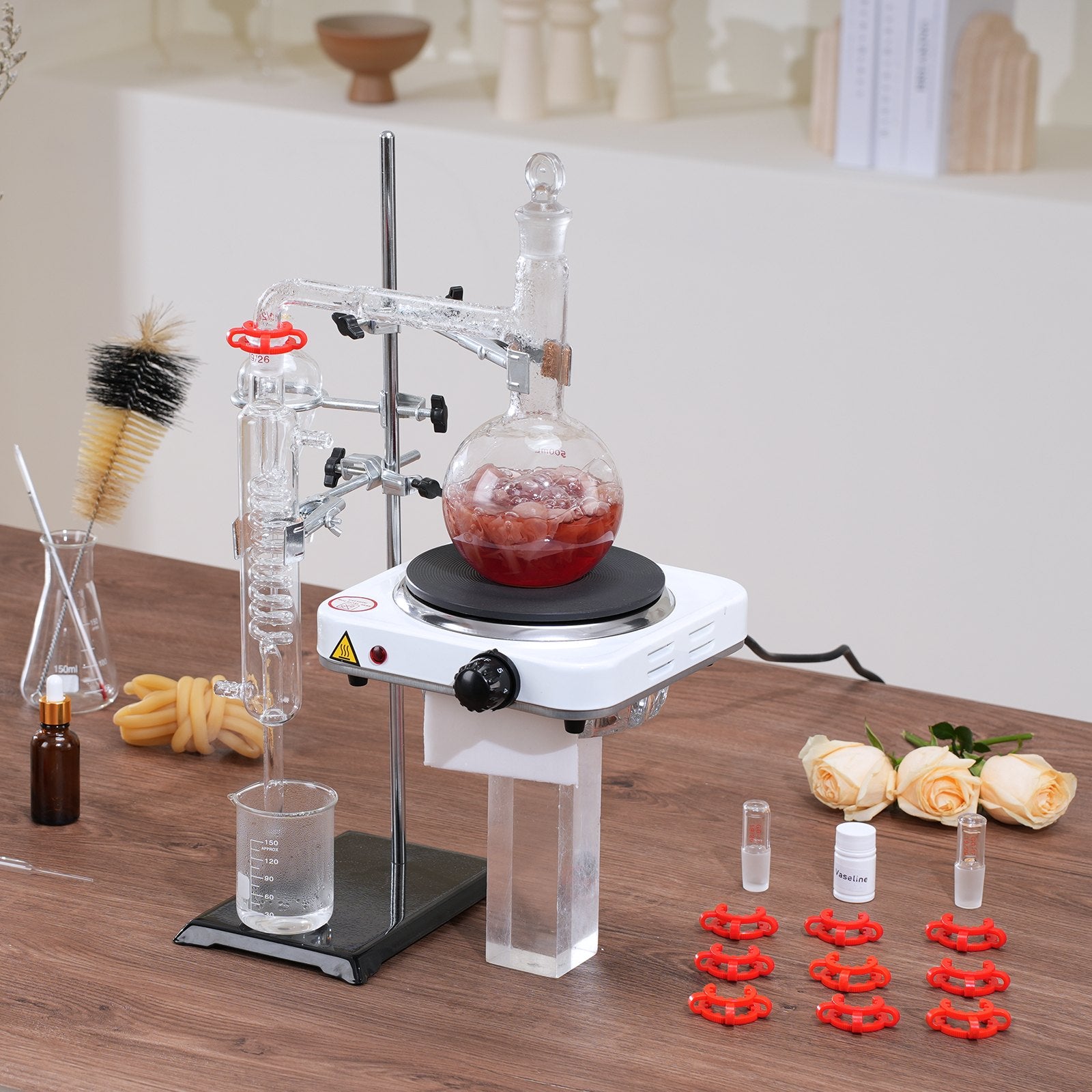 Distilling & Brewing: VEVOR Essential Oil Distillation Kit, 500ml Distillation Apparatus, 3.3 Boro Lab Glassware Distillation Kit with 1000W Heating Plate and 24, 40 Joint, 33 pcs Set