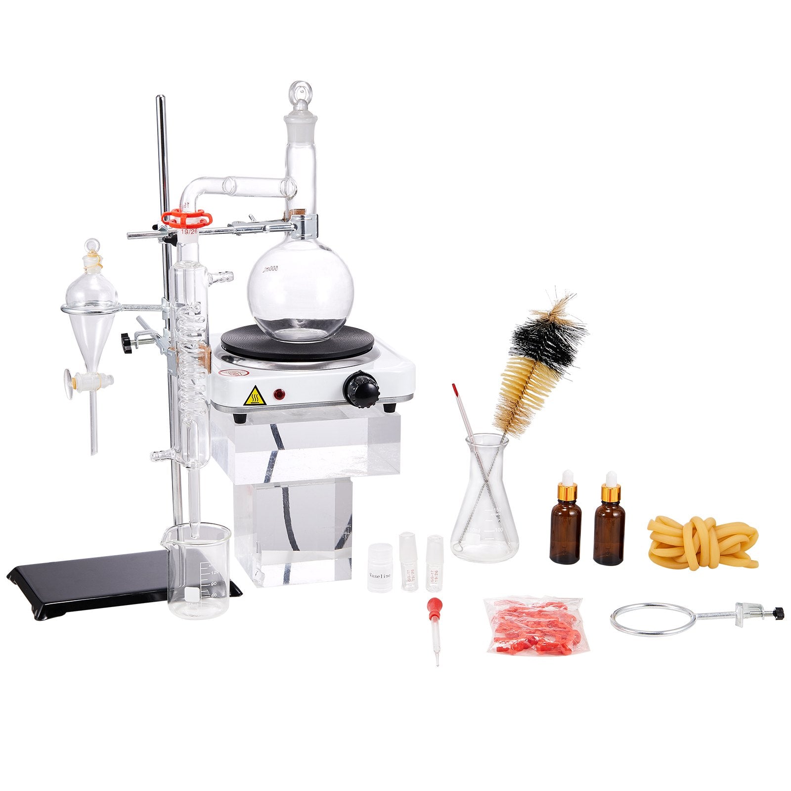 Distilling & Brewing: VEVOR Essential Oil Distillation Kit, 500ml Distillation Apparatus, 3.3 Boro Lab Glassware Distillation Kit with 1000W Heating Plate and 24, 40 Joint, 33 pcs Set