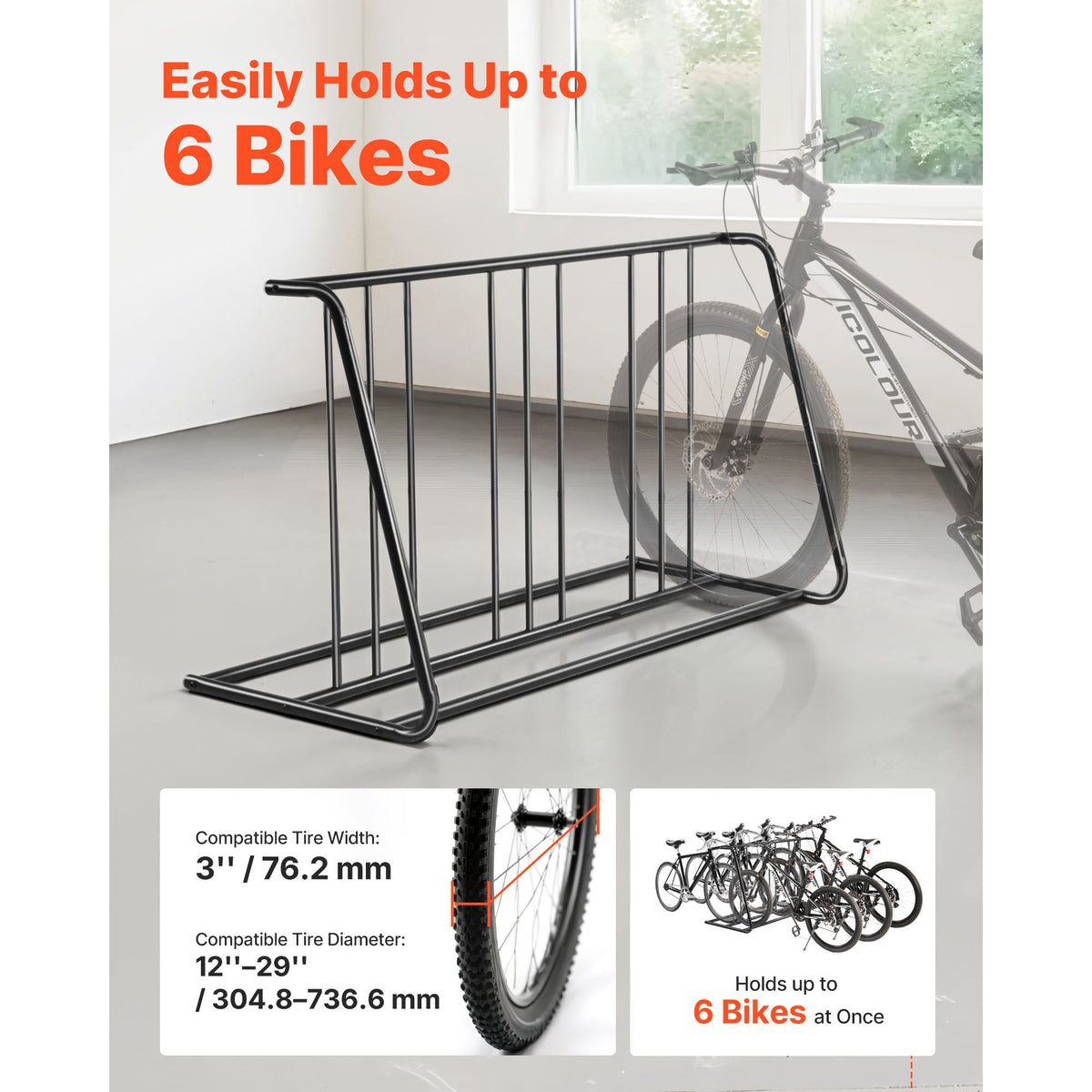 Bike Rack, Fits Tire Width 3 Inch/76.2 mm, Carbon Steel Double-Sided Grid Bike Rack Stand, Freestanding Bicycle Storage Holder for Curbside, Garage, Indoor, Outdoor Parking, 6-Bicycle Capacity