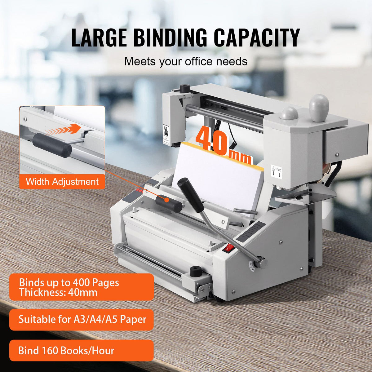 Thermal Binding Machine, 400 Sheets Capacity Hot Glue Binding Machine, Thermal Book Binder 50mm Binding Thickness A3(Short Edge)/A4/A5 Document with Milling Cutter