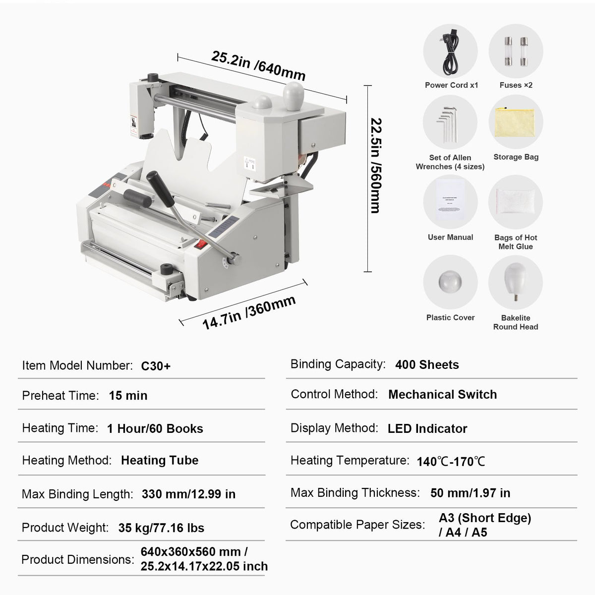 Thermal Binding Machine, 400 Sheets Capacity Hot Glue Binding Machine, Thermal Book Binder 50mm Binding Thickness A3(Short Edge)/A4/A5 Document with Milling Cutter