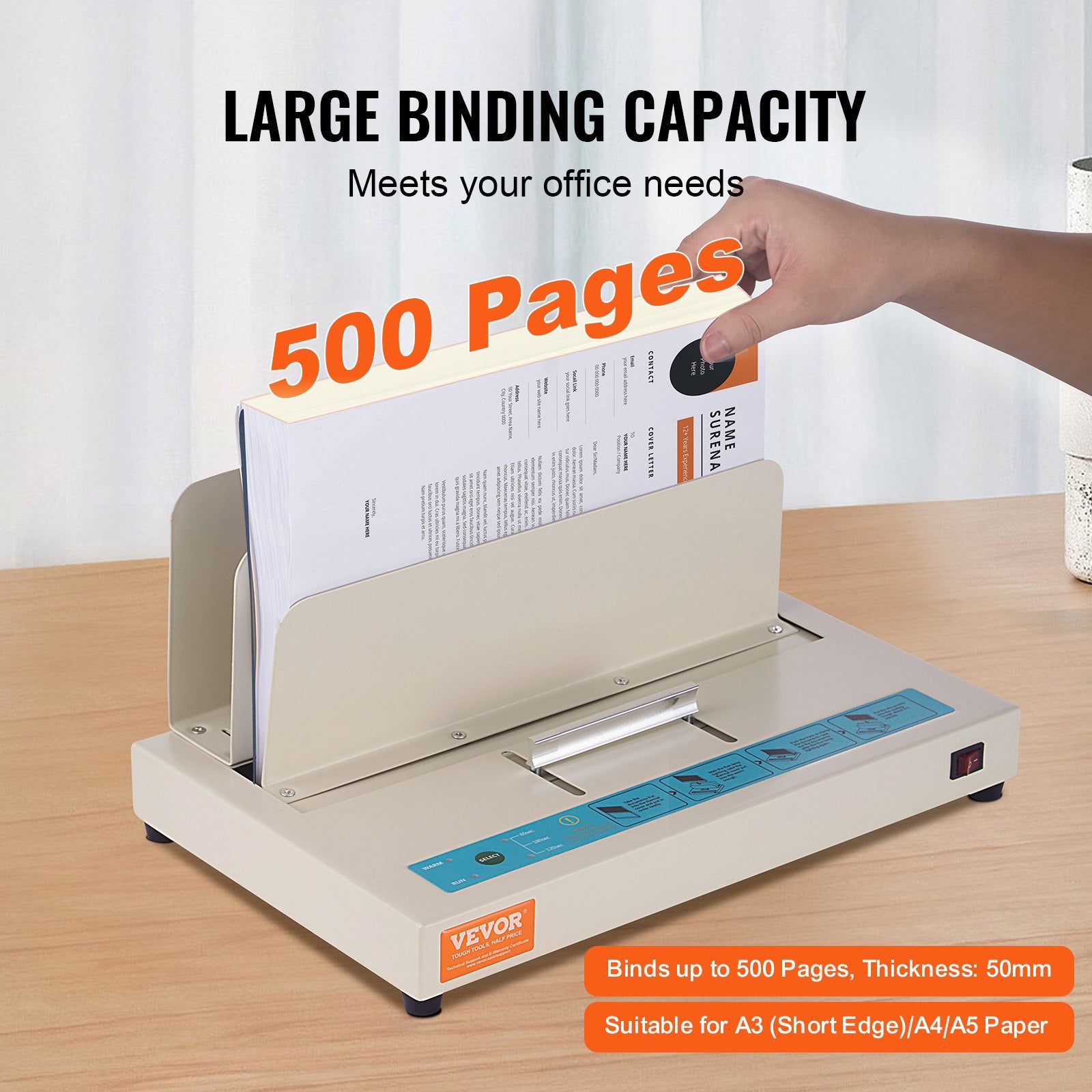 Thermal Binding Machine, 500 Sheets Capacity Book Binding Machine, Thermal Book Binder 50mm Binding Thickness A3(Short Edge)/A4/A5 Document, with Infrared Optical Detection
