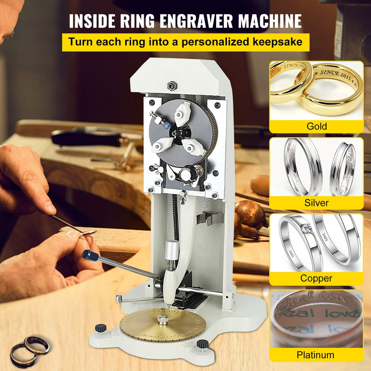 Inside Ring Engraver, Double Sided Dial Ring Engraver Stamper, 1.5mm-2.0mm Character Letter Block Ring Engraving Machine, Aluminum Alloy Body, with 3 Clamps, for Jewelry Rings Inner Engraving