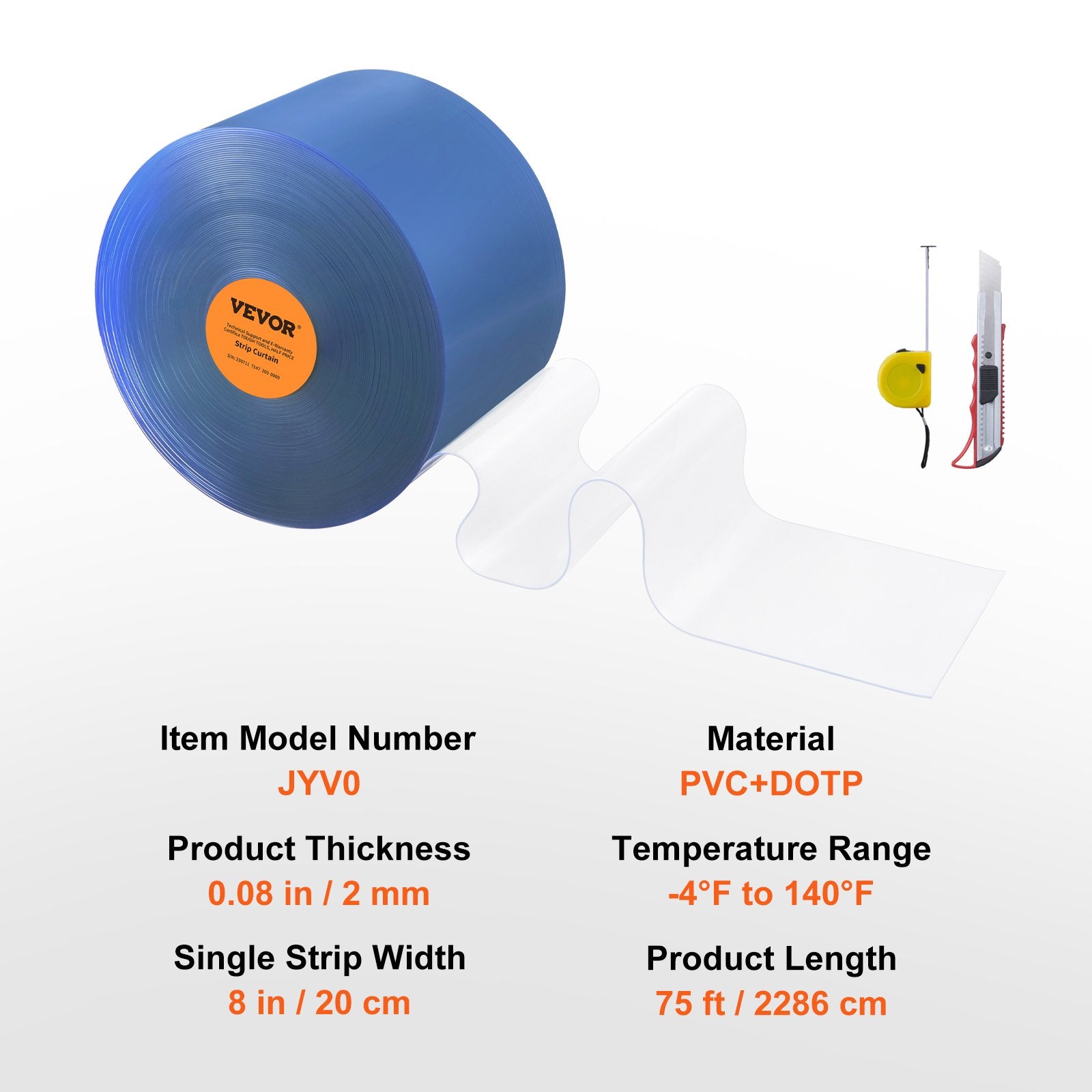 Strip Curtain, 75' Length x 8" Width x 0.08" Thickness, Clear PVC Smooth Curtain Strip Door Bulk Roll, Plastic Door Strips for Doorways of Supermarket, Garage, Warehouse, Barn, Pet Animal House
