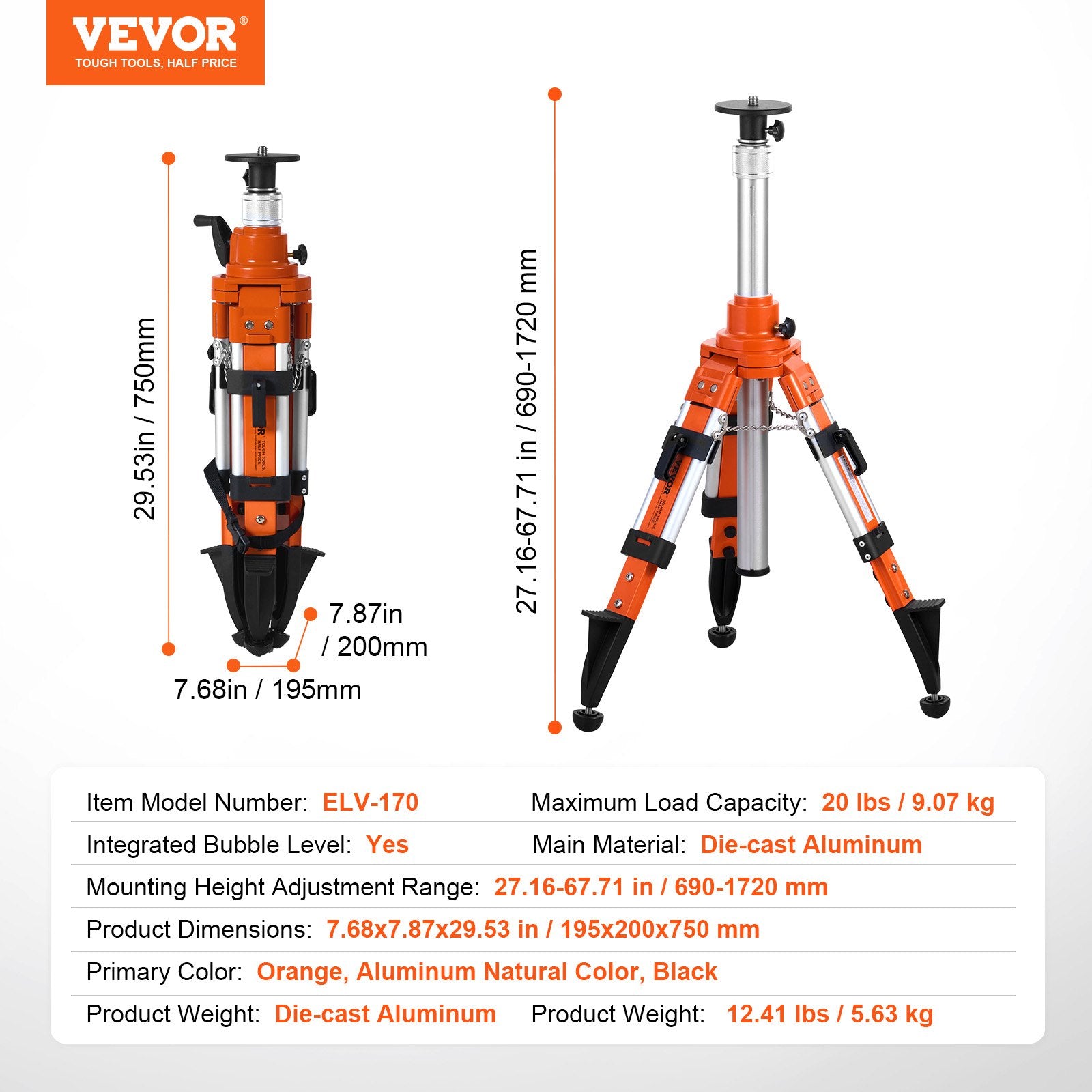 Camera Accessories: VEVOR Laser Level Tripod Stand 5/8"-11 Thread 27.16-67.71 in Height Adjustment