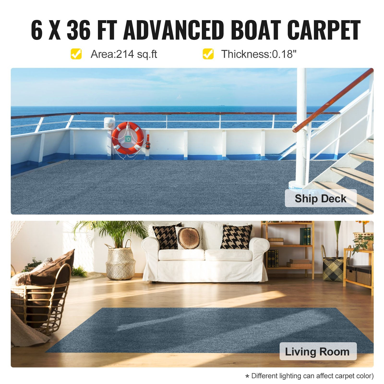 Gray Marine Carpet 6 ft x 36 ft, Boat Carpet Rugs, Indoor Outdoor Rugs for Patio Deck Anti-Slide TPR Water-Proof Back Outdoor Marine Carpeting Outdoor Carpet