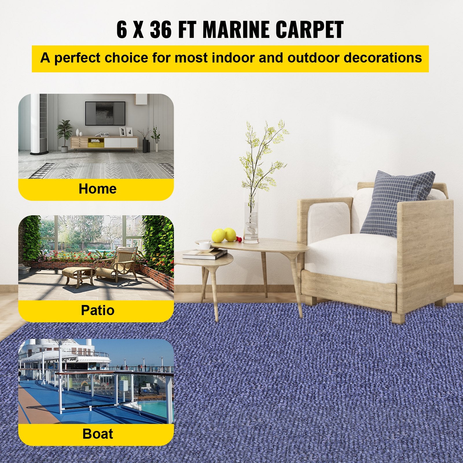 Boating Accessories: VEVOR Deep Blue Marine Carpet 6 ft x 36 ft Marine Carpeting Marine Grade Carpet for Boats with Waterproof Back Outdoor Rug for Patio Porch Deck Garage Outdoor Area Rug Runner Non-Slide Porch Rug