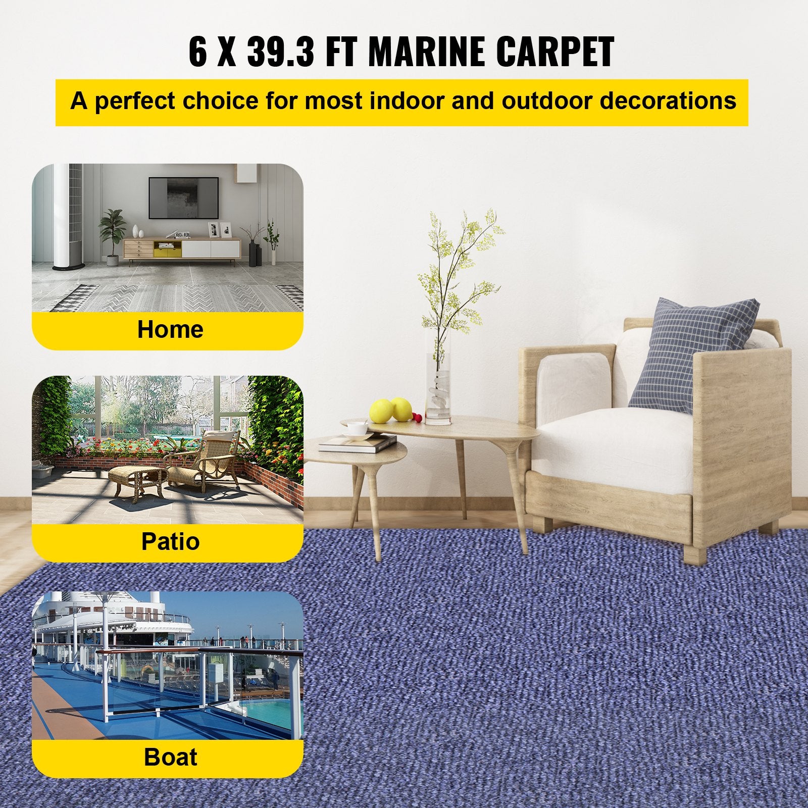 Boating Accessories: VEVOR Deep Blue Marine Carpet 6 ft x 39.3 ft, Boat Carpet Rugs, Indoor Outdoor Rugs for Patio Deck Non-Slide TPR Water-Proof Back Outdoor Marine Carpeting Outdoor Carpet