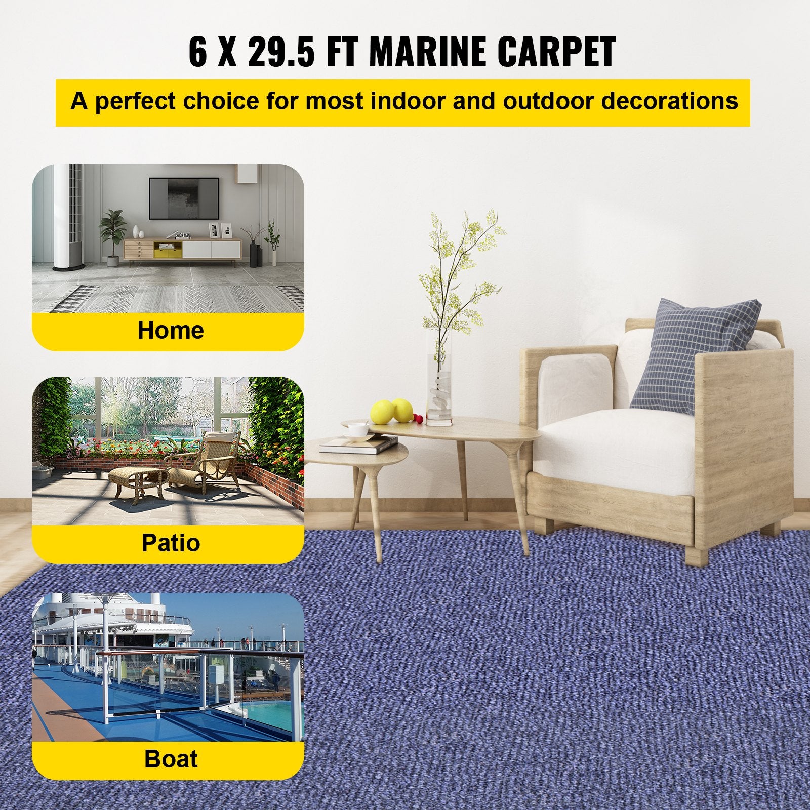 Boating Accessories: VEVOR Deep Blue Marine Carpet 6 ft x 29.5 ft Marine Carpeting Marine Grade Carpet for Boats with Waterproof Back Outdoor Rug for Patio Porch Deck Garage Outdoor Area Rug Runner Non-Slide Porch Rug, 1.8x9m