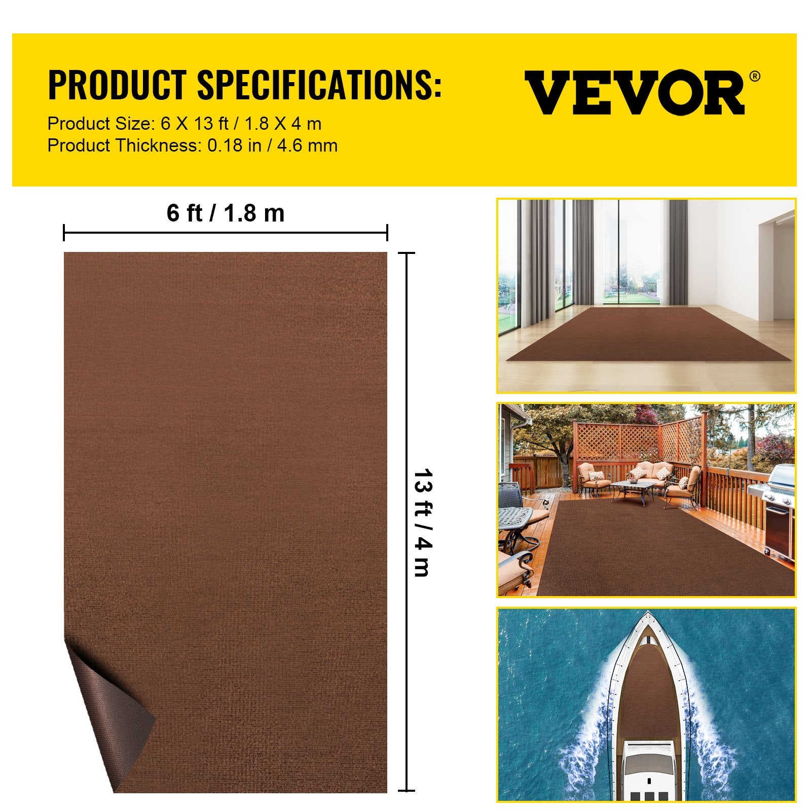 Marine Carpet, 6 x 13 ft Boat Carpeting, Deep Brown Marine Grade Boat Carpet, Indoor/Outdoor Marine Carpeting with Water-Proof TPR Backing, Water-Proof Carpet Roll for Home, Patio, Porch, Deck