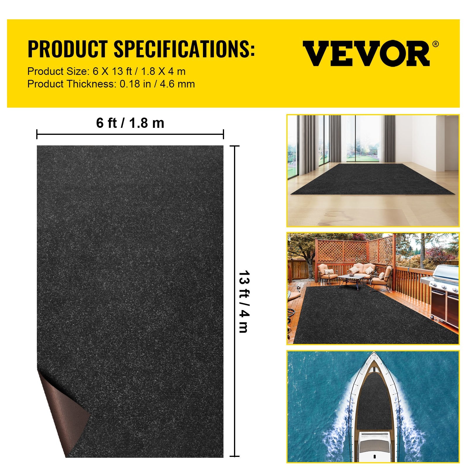 Boating Accessories: VEVOR Bass Boat Carpet Cutpile Marine Carpet 6 x 13 ft Charcoal Black In/Outdoor