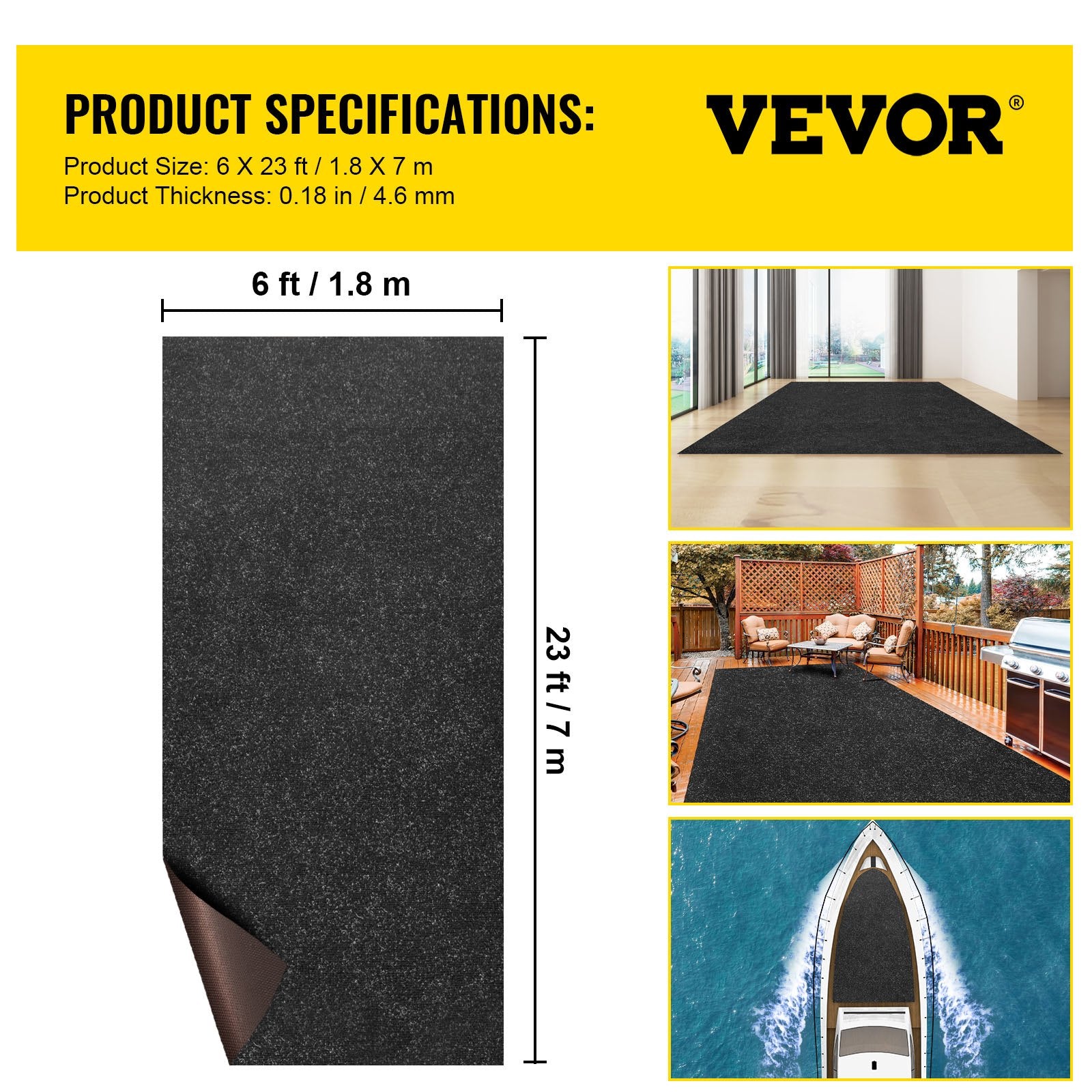 Boating Accessories: VEVOR Marine Carpet, 6 x 23 ft Boat Carpeting, Charcoal Black Marine Grade Boat Carpet, Indoor/Outdoor Marine Carpeting with Water-proof TPR Backing, Water-proof Carpet Roll for Home, Patio, Porch, De