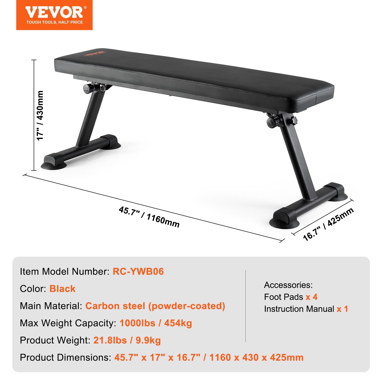 Exercise Benches: VEVOR Flat Weight Bench, Foldable Strength Training Bench, Utility Workout Bench for Full Body Workout, 1000 LBS Press Bench for Home Gym Exercise, for Multi-Purpose Weight Training and Ab Exercises