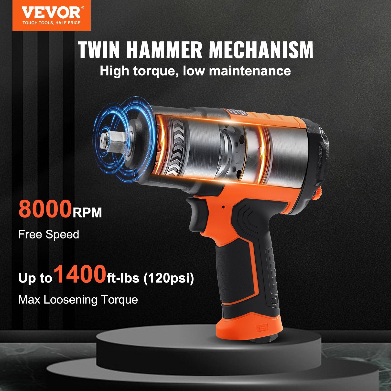 Tool Clamps & Vices: VEVOR 1/2-Inch Air Impact Wrench, High Torque Up to 1400 ft-lbs, Lightweight 4.6 lb Design Pneumatic Impact Gun with 11-PCS 1/2-Inch Drive CR-V Steel Impact Socket Set & Carrying Case