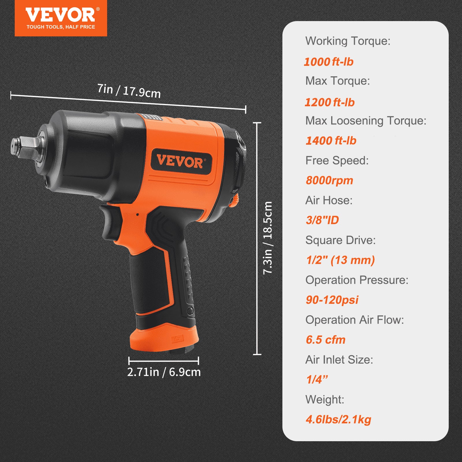 Tool Clamps & Vices: VEVOR 1/2-Inch Air Impact Wrench, High Torque Up to 1400 ft-lbs, Lightweight 4.6 lb Design Pneumatic Impact Gun with 11-PCS 1/2-Inch Drive CR-V Steel Impact Socket Set & Carrying Case