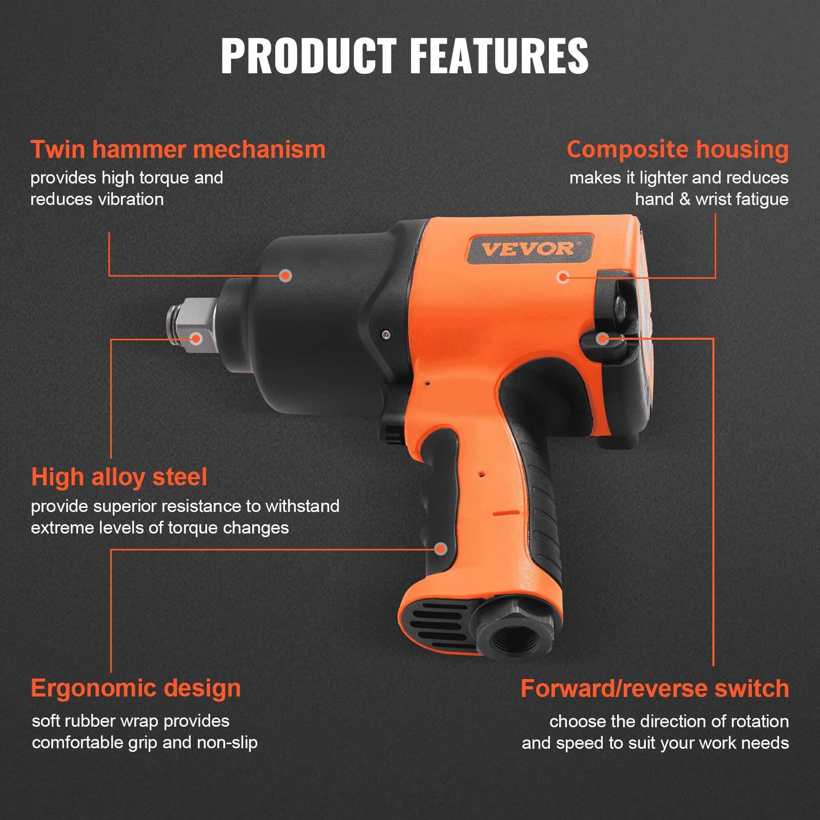 Automotive Repair & Speciality Tools: VEVOR Air Impact Wrench, 3/4-Inch Drive Air Impact Gun, Up to 1870ft-lbs Nut-busting Torque, Composite Pneumatic Impact Wrench for Auto_epairs_nd_aintenance Heavy Duty