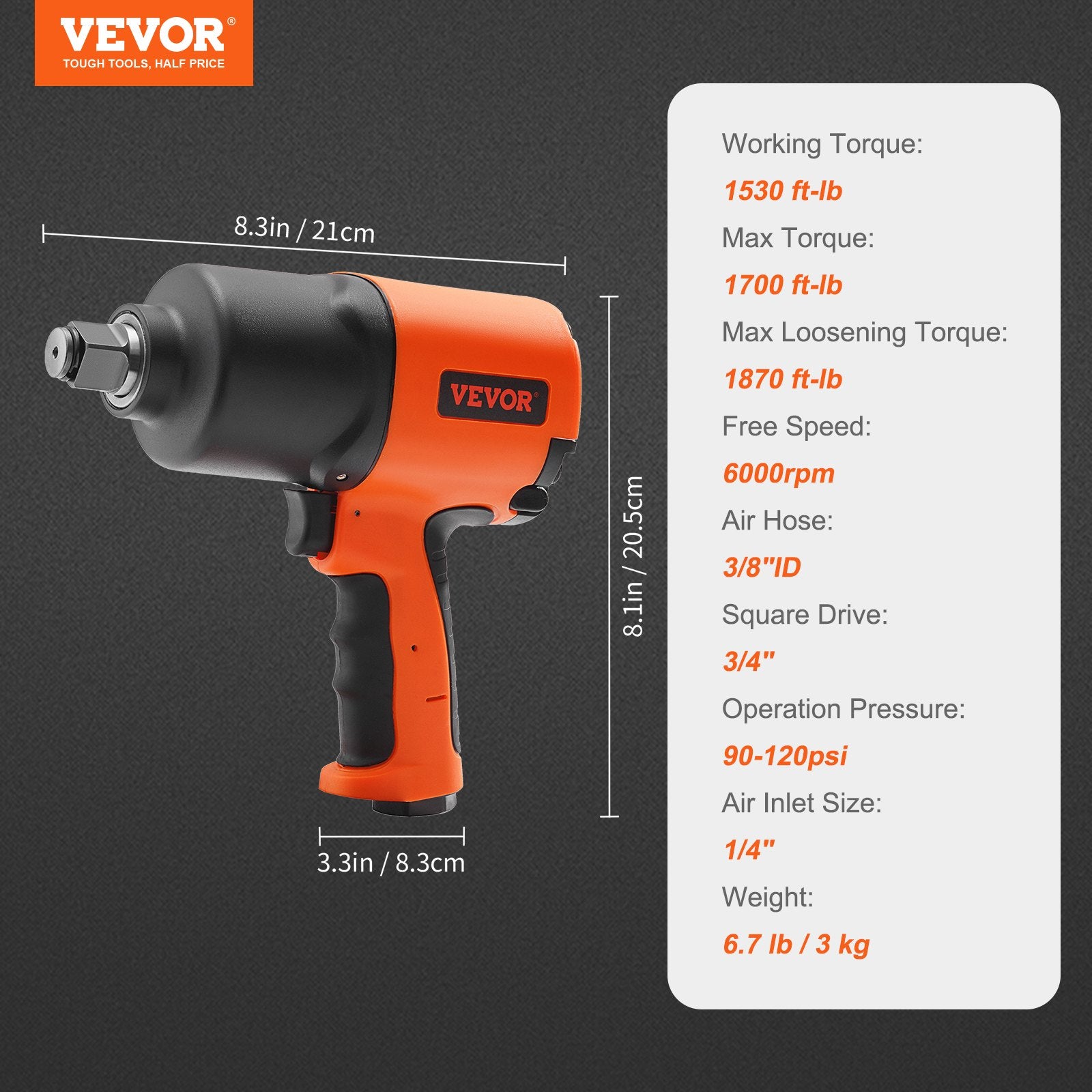 Automotive Repair & Speciality Tools: VEVOR Air Impact Wrench, 3/4-Inch Drive Air Impact Gun, Up to 1870ft-lbs Nut-busting Torque, Composite Pneumatic Impact Wrench for Auto_epairs_nd_aintenance Heavy Duty