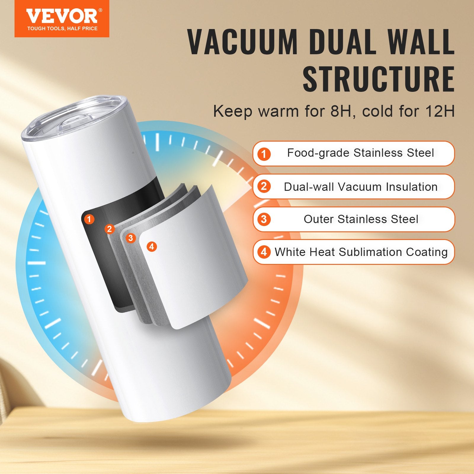 Food Storage: VEVOR 8 Pack Straight Sublimation Tumblers, 30 oz Blank Tumbler Bulk, Stainless Steel Double Wall Tumbler Cups with Straw, Lid, Brush, Base, Shrink Wrap, Gift Box, for Heat Press and Heat Transfer