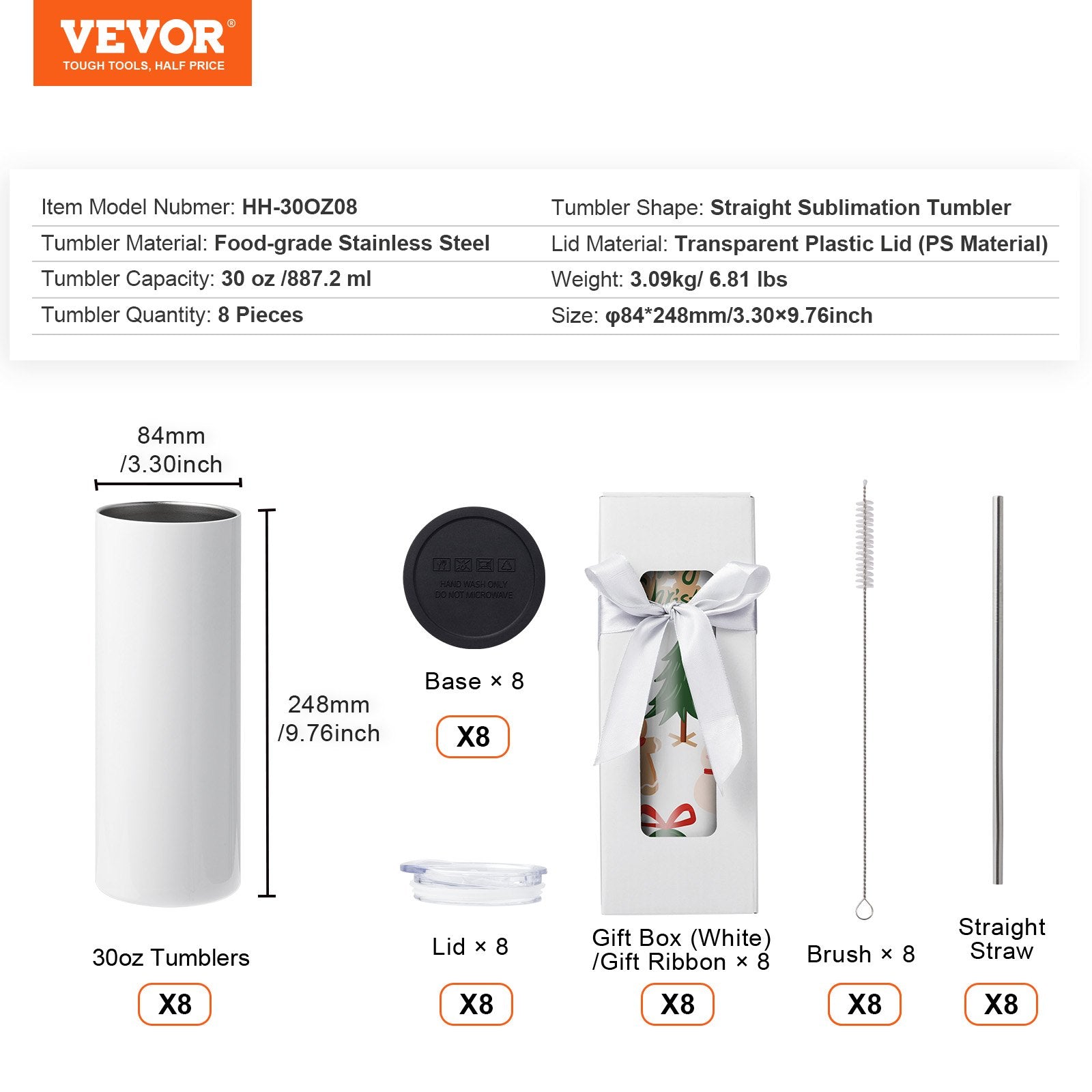 Food Storage: VEVOR 8 Pack Straight Sublimation Tumblers, 30 oz Blank Tumbler Bulk, Stainless Steel Double Wall Tumbler Cups with Straw, Lid, Brush, Base, Shrink Wrap, Gift Box, for Heat Press and Heat Transfer