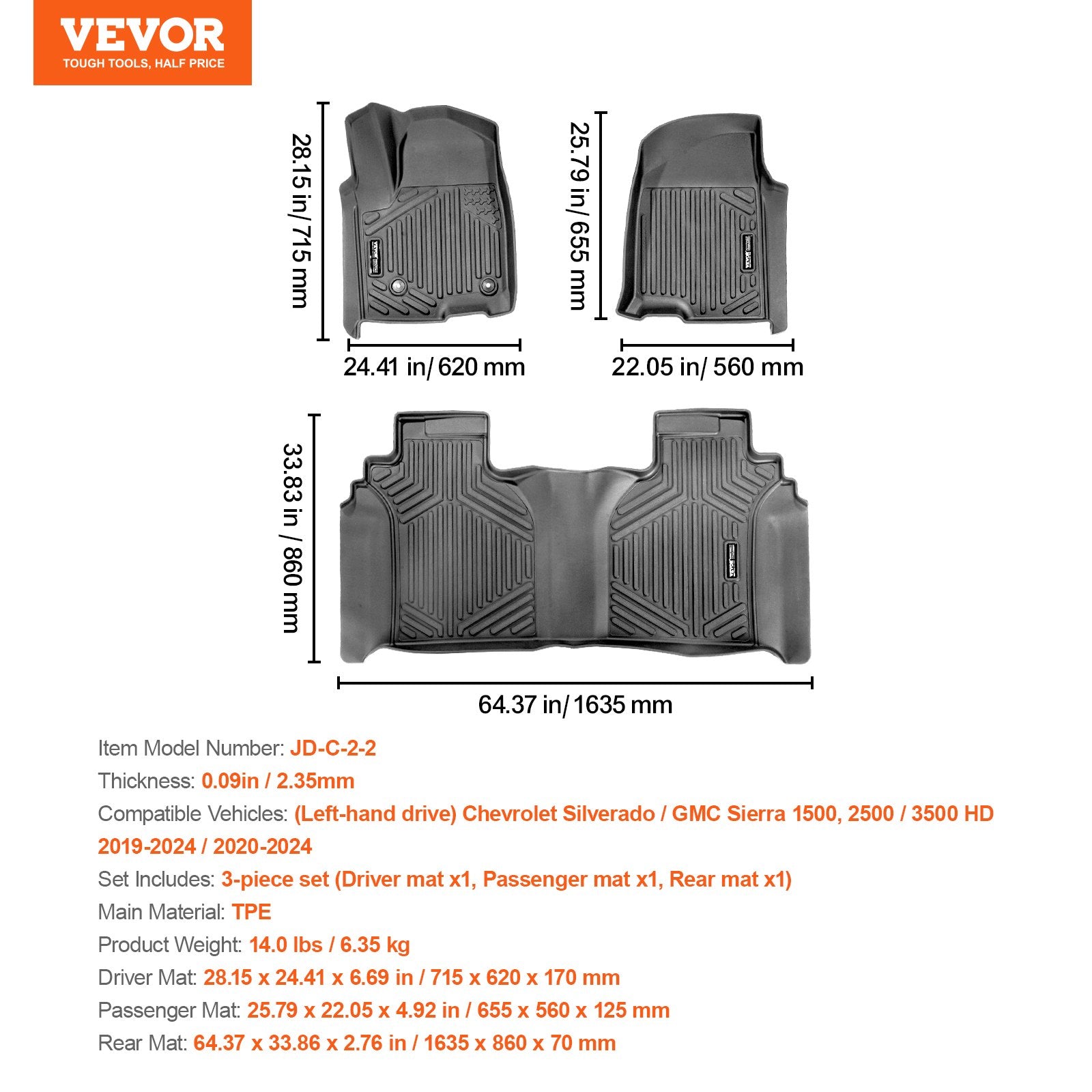 Automotive Decor: VEVOR Automotive Floor Mats Fits for Chevrolet Silverado/GMC Sierra 1500 3 pcs