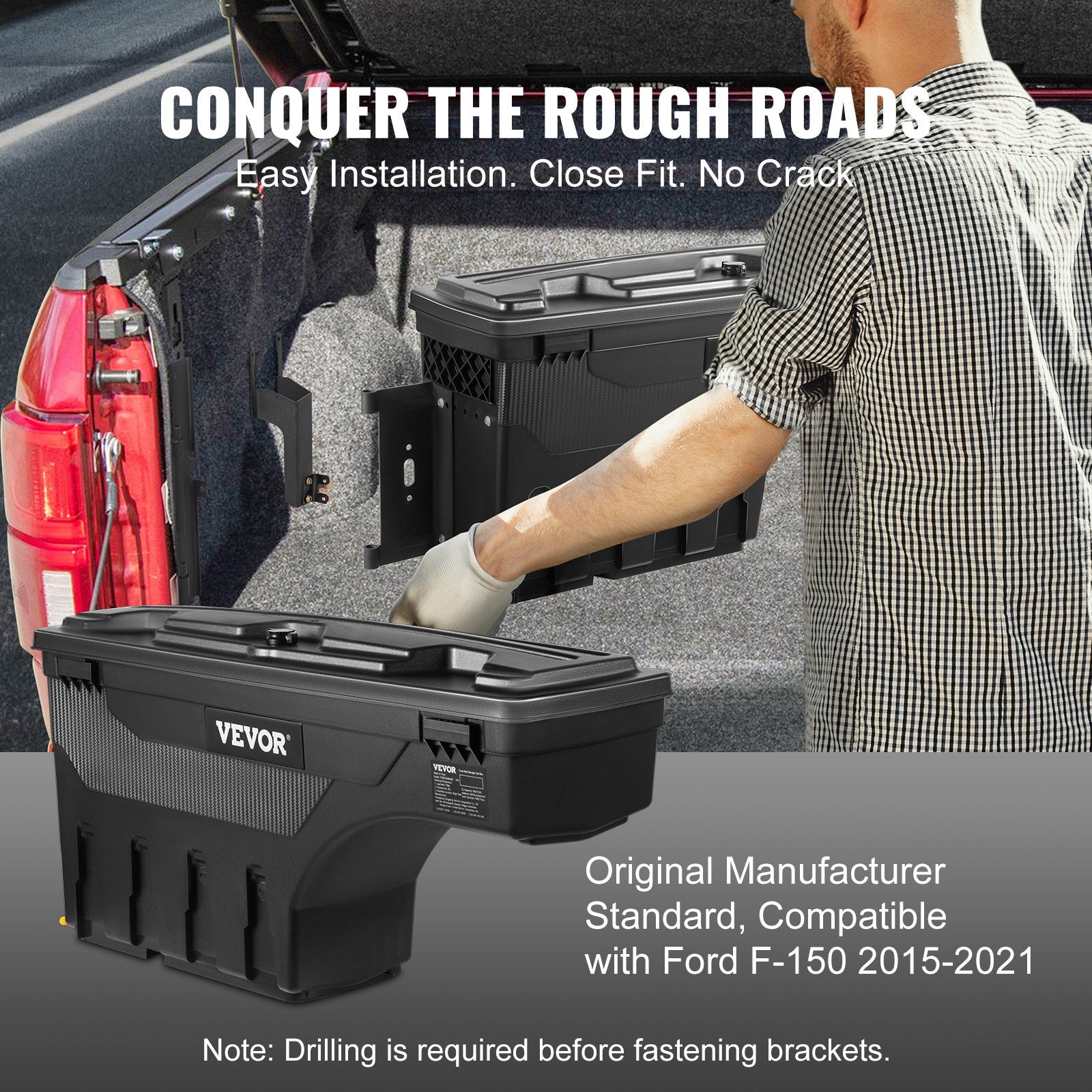 Automotive Decor: VEVOR Truck Bed Storage Box, Lockable Swing Case with Password Padlock, 6.6 Gal/25 L ABS Wheel Well Tool Box, Waterproof and Durable, Compatible with Ford F-150 2015-2021, Drivers Side
