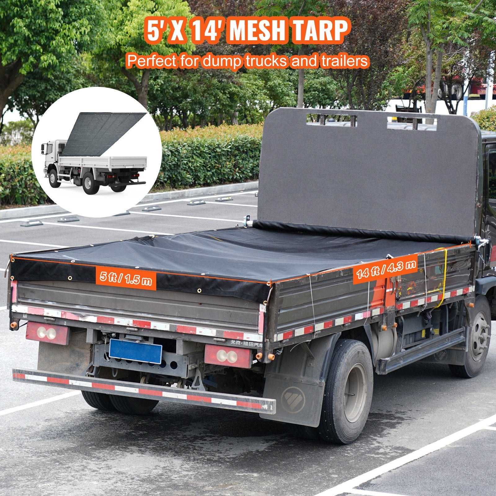 Dump Truck Mesh Tarp, 5 x 14 ft, PVC Coated Black Heavy Duty Cover with 5.5" 18oz Double Pocket, Brass Grommets, Reinforced Double Needle Stitch Webbing Fits Manual or Electric Dump Truck System