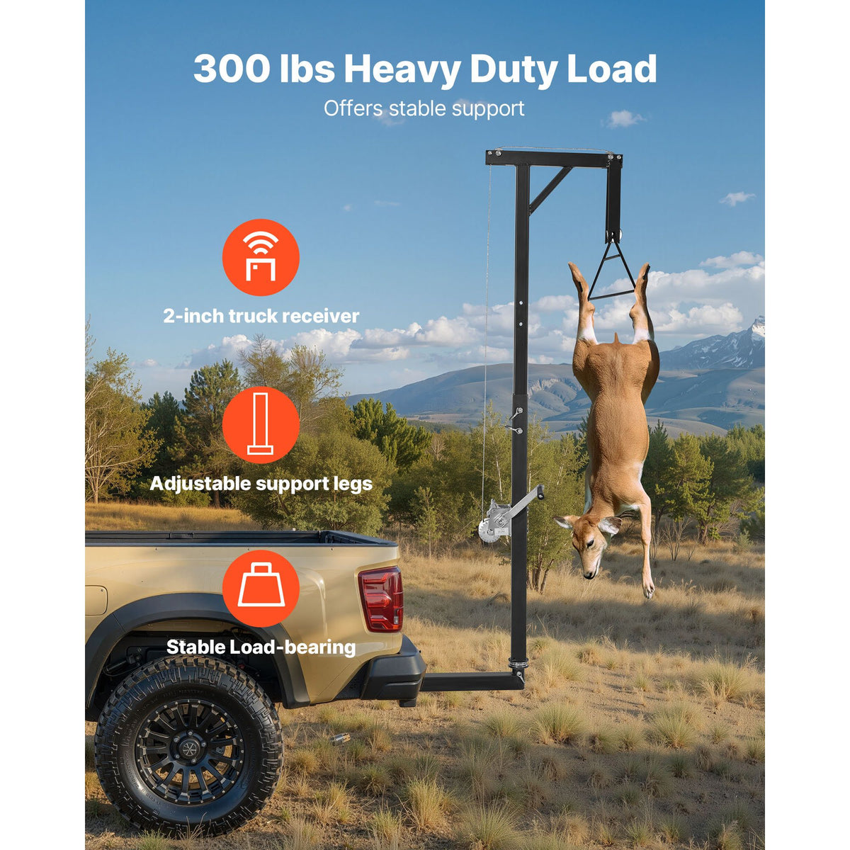 Truck Hitch Game Hoist, 300 lbs Load Capacity, Hunting Deer Hoist with 2-inch Receiver, 360-Degree Swivel Shaft & Adjustable Height, Includes Gambrel Winch for Skinning & Cleaning Game