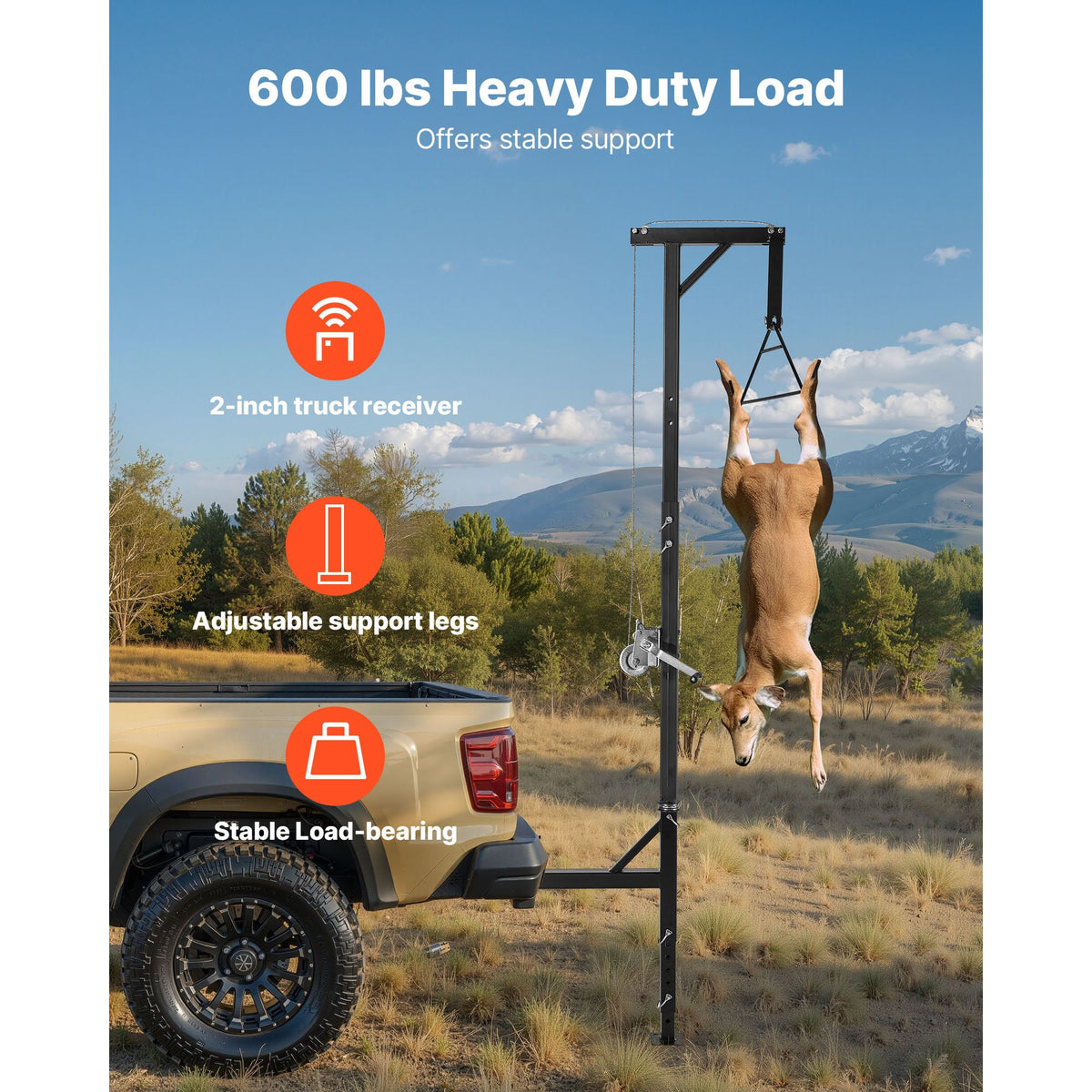 Truck Hitch Game Hoist, 600 lbs Load Capacity, Hunting Deer Hoist with 2-inch Receiver, 360-Degree Swivel Shaft & Adjustable Height, Includes Gambrel Winch for Skinning & Cleaning Game