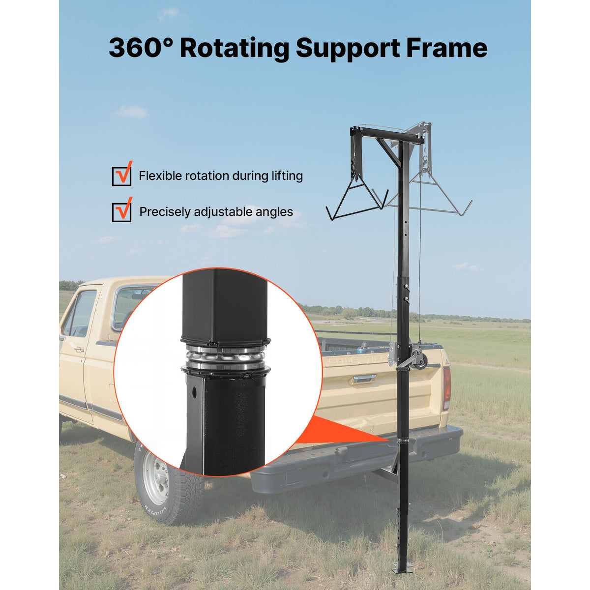 Truck Hitch Game Hoist, 600 lbs Load Capacity, Hunting Deer Hoist with 2-inch Receiver, 360-Degree Swivel Shaft & Adjustable Height, Includes Gambrel Winch for Skinning & Cleaning Game