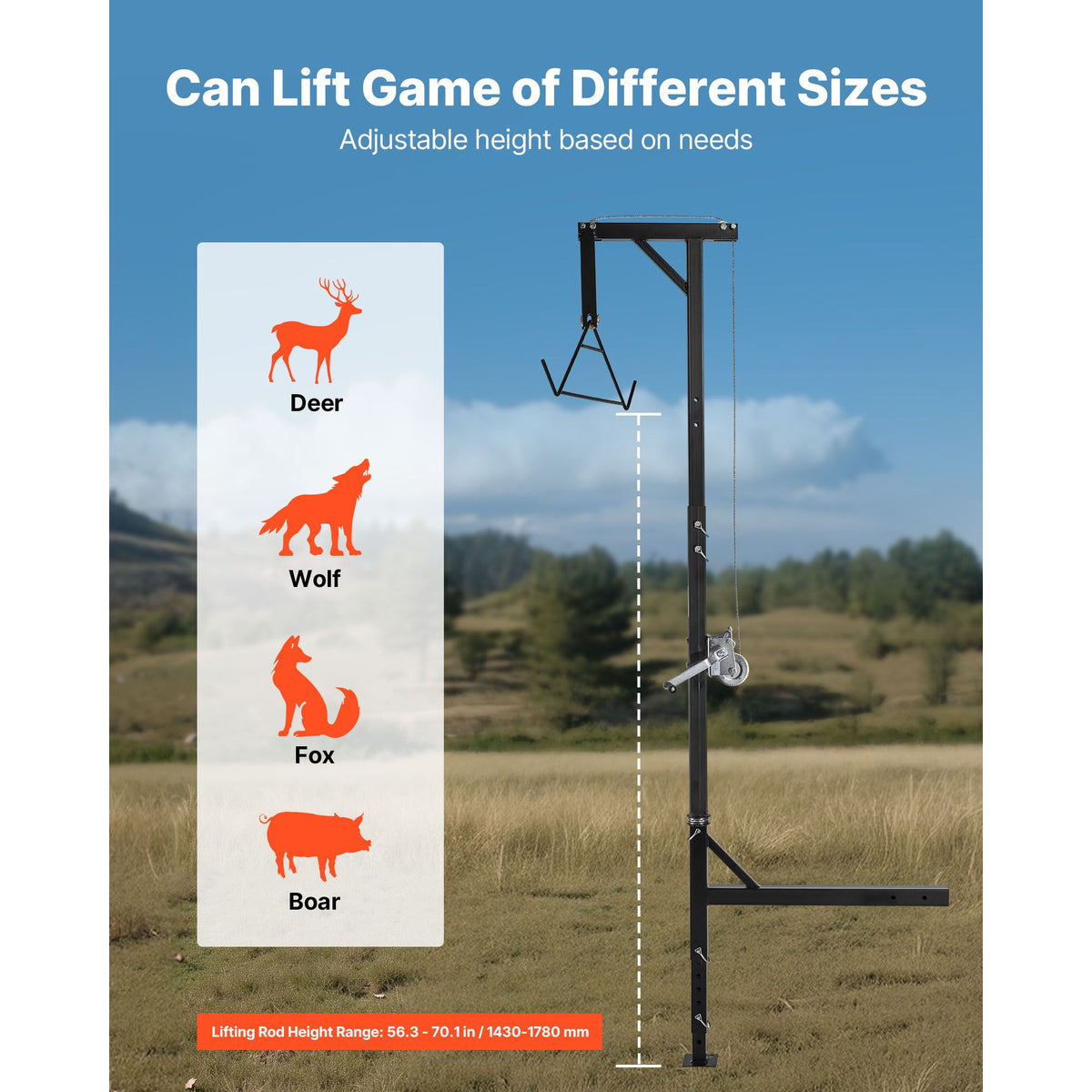 Truck Hitch Game Hoist, 600 lbs Load Capacity, Hunting Deer Hoist with 2-inch Receiver, 360-Degree Swivel Shaft & Adjustable Height, Includes Gambrel Winch for Skinning & Cleaning Game