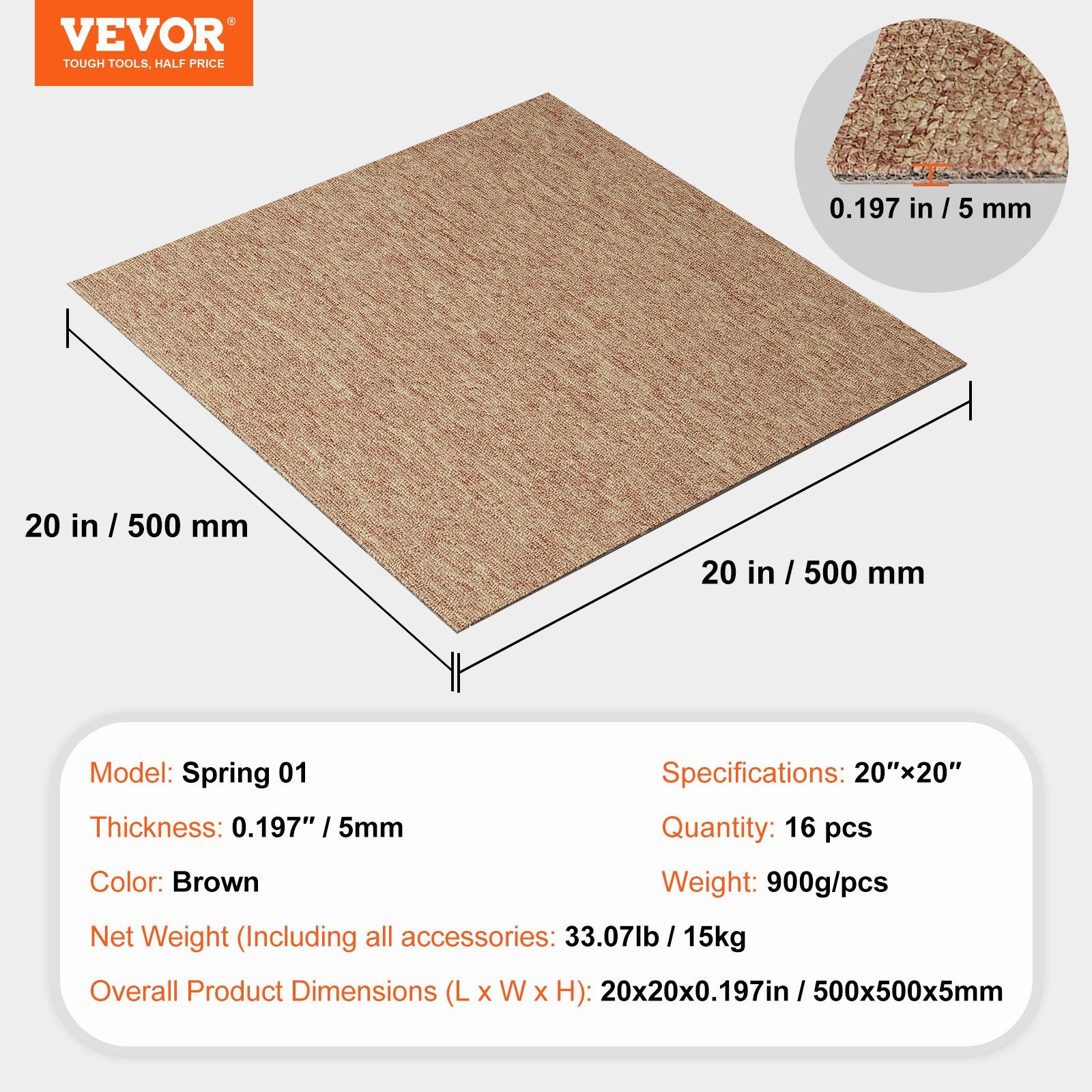 Carpet Tiles Reusable, 20"x 20" Carpet Squares With Padding Attached, Soft Padded Carpet Tiles, Easy Install DIY for Bedroom Living Room Indoor Outdoor (16 Tiles, Dark Brown)