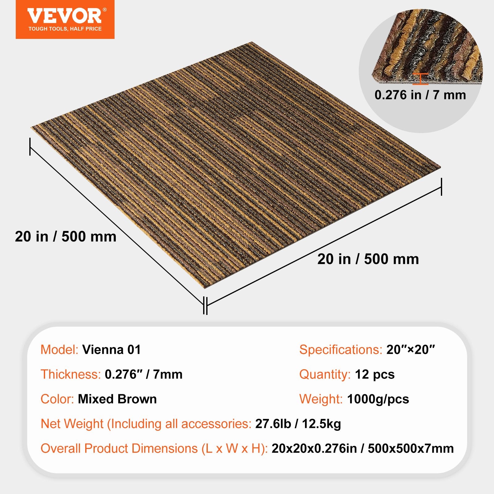 Cat Litter: VEVOR Carpet Tiles Reusable, 20"x 20"Carpet Squares With Padding Attached, Soft Padded Carpet Tiles, Easy Install DIY for Bedroom Living Room (12Tiles, Mixed Brown)