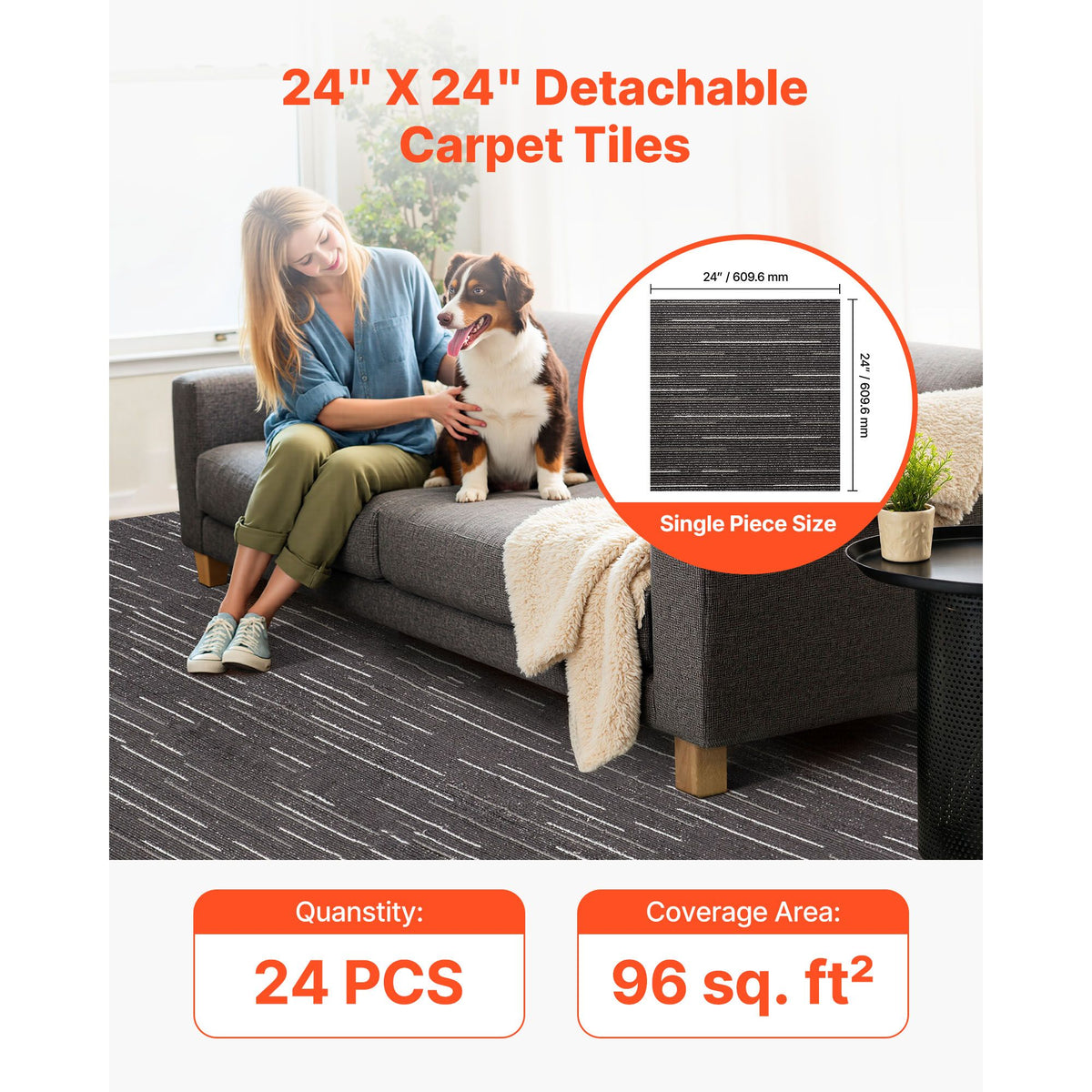 Carpet Tiles Reusable 610x610 mm, 24 PCS Modular Carpet Square Rug, Commercial Floor Soft Padded for Seamless Cover 8.9㎡, Easy DIY Replacement for Living Room Bedroom Office Indoor, Gray
