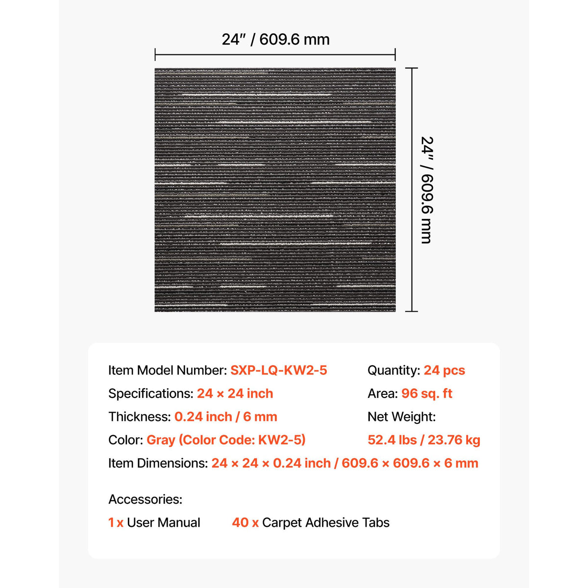 Carpet Tiles Reusable 610x610 mm, 24 PCS Modular Carpet Square Rug, Commercial Floor Soft Padded for Seamless Cover 8.9㎡, Easy DIY Replacement for Living Room Bedroom Office Indoor, Gray