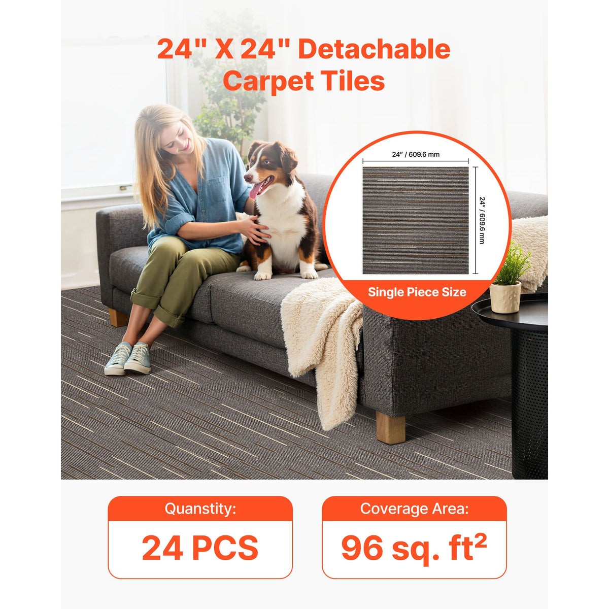 Carpet Tiles Reusable 610x610 mm, 24 PCS Modular Carpet Square Rug, Commercial Floor Soft Padded for Seamless Cover 8.9㎡, Easy DIY Replacement for Living Room Bedroom Office Indoor, Dark Brown