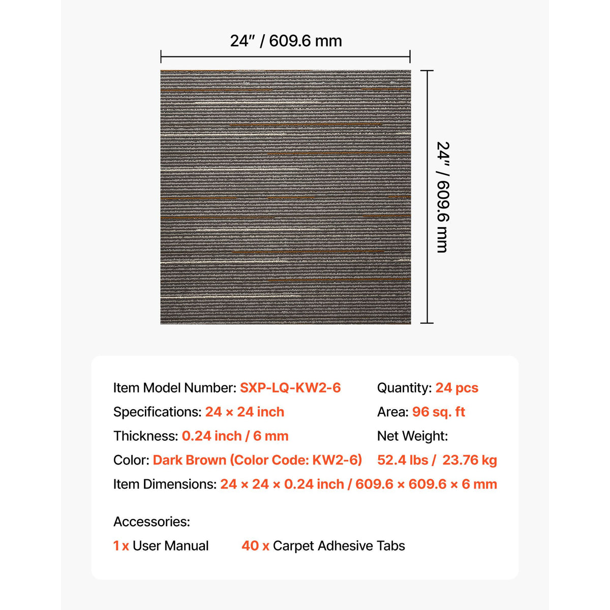 Carpet Tiles Reusable 610x610 mm, 24 PCS Modular Carpet Square Rug, Commercial Floor Soft Padded for Seamless Cover 8.9㎡, Easy DIY Replacement for Living Room Bedroom Office Indoor, Dark Brown