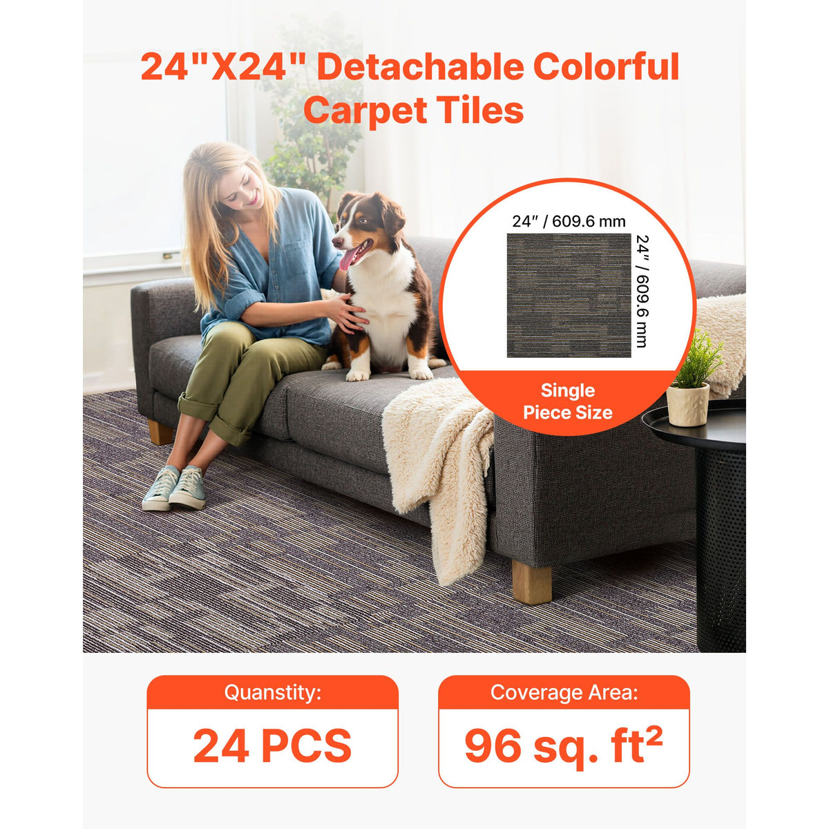 Carpet Tiles Reusable 610x610 mm, 24 PCS Modular Carpet Square Rug, Commercial Floor Soft Padded for Seamless Cover 8.9㎡, Easy DIY Replacement for Living Room Bedroom Indoor, Gray & Brown