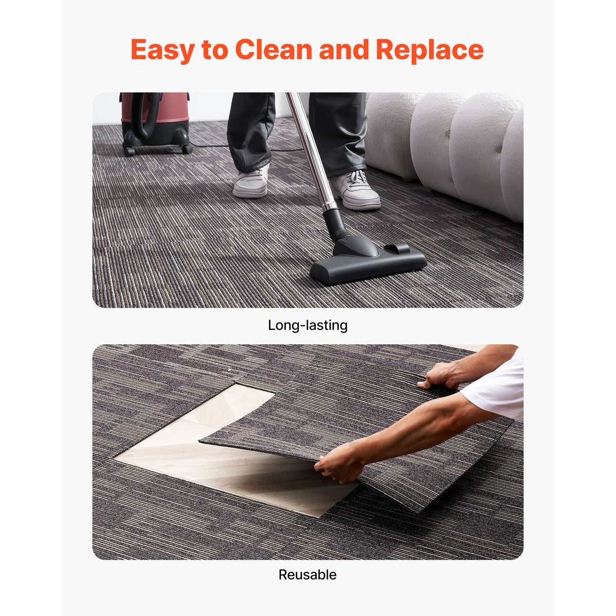 Carpet Tiles Reusable 610x610 mm, 24 PCS Modular Carpet Square Rug, Commercial Floor Soft Padded for Seamless Cover 8.9㎡, Easy DIY Replacement for Living Room Bedroom Indoor, Gray & Brown
