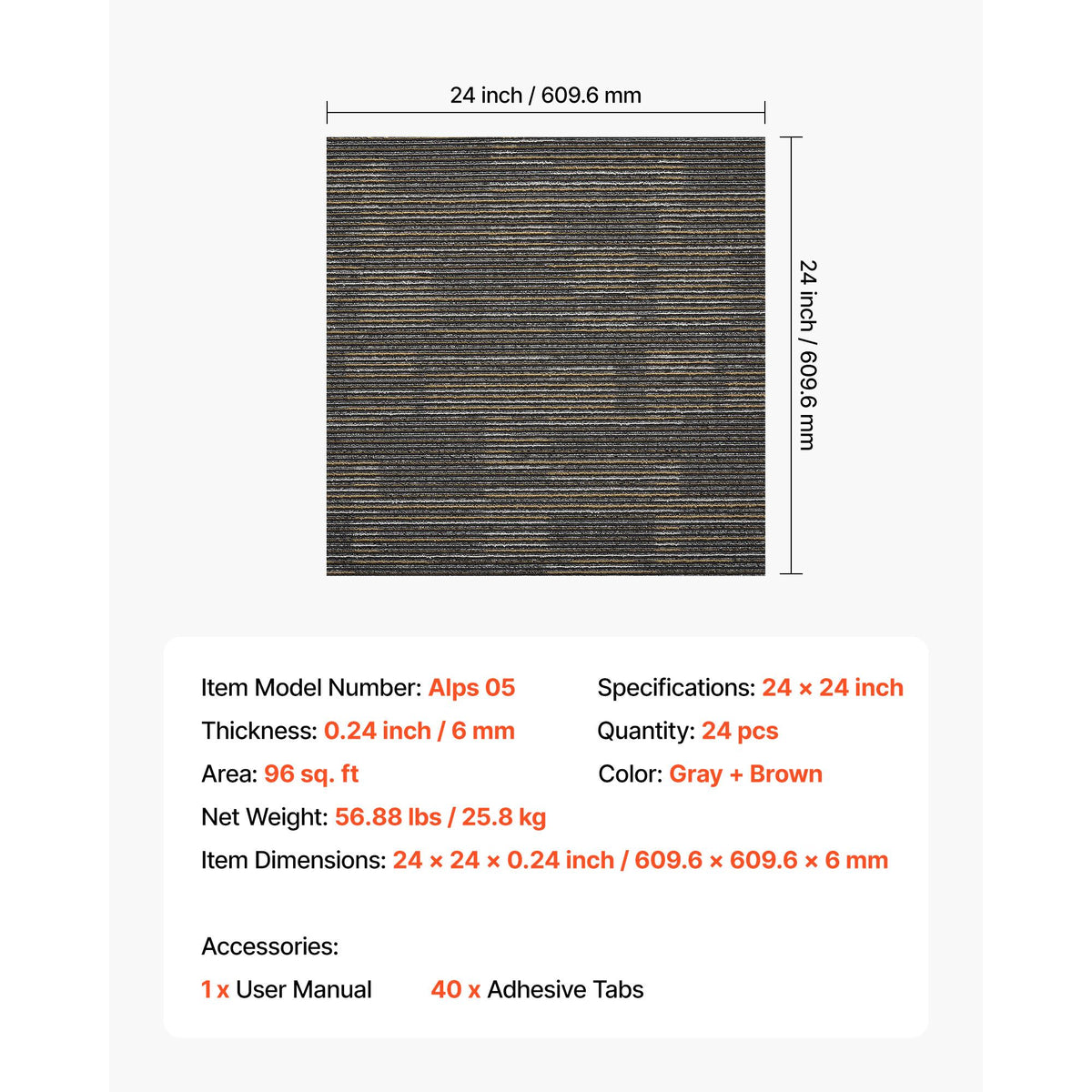 Carpet Tiles Reusable 610x610 mm, 24 PCS Modular Carpet Square Rug, Commercial Floor Soft Padded for Seamless Cover 8.9㎡, Easy DIY Replacement for Living Room Bedroom Indoor, Gray & Brown