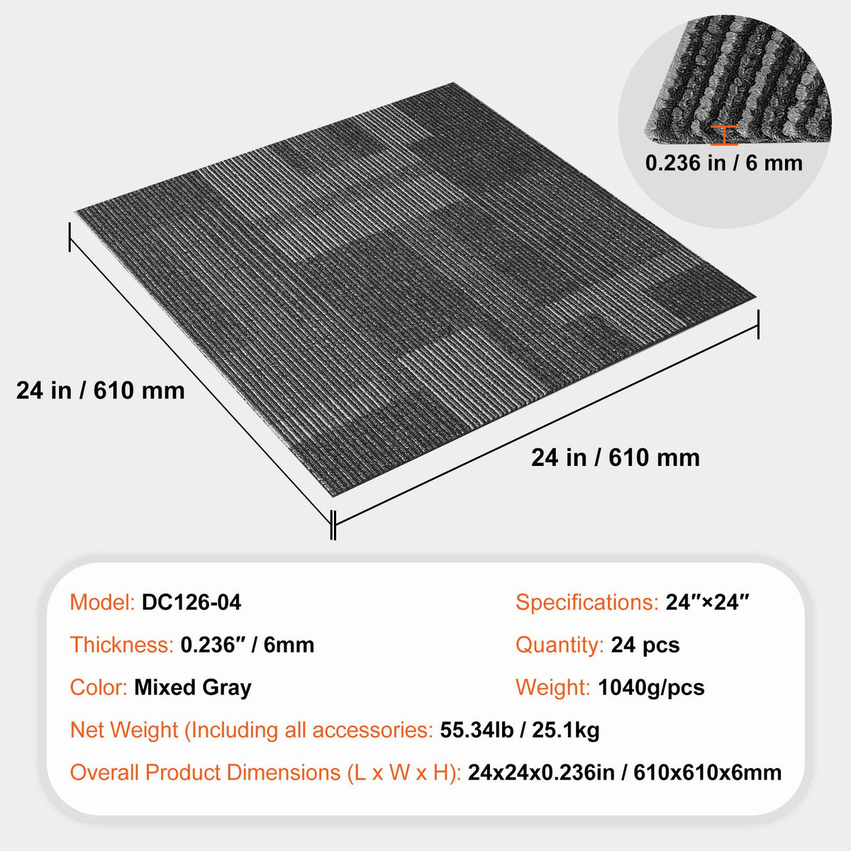 Carpet Tiles Reusable, 24"x 24"Carpet Squares With Padding Attached, Soft Padded Carpet Tiles, Easy Install DIY for Bedroom Living Room (24Tiles, Mixed Gray)